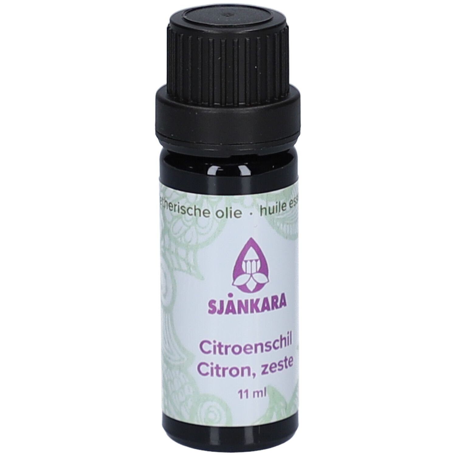 Braune Glasflasche mit schwarzem Deckel. Etikett mit Logo und Text: Citron, zeste, 11 ml.