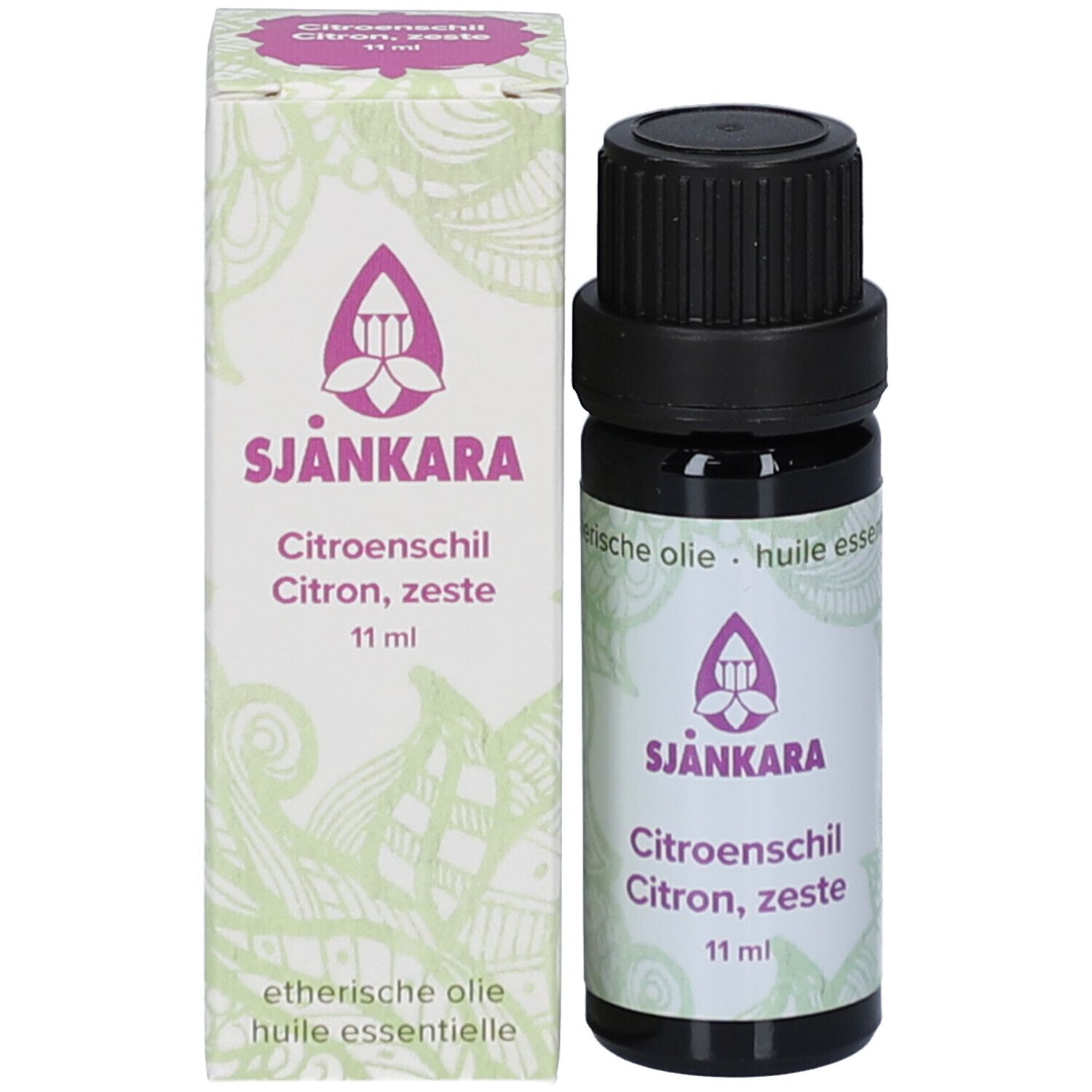 Glasflasche und Karton. Flasche mit schwarzem Deckel. Karton mit Logo und Text: Citron, zeste, 11 ml.