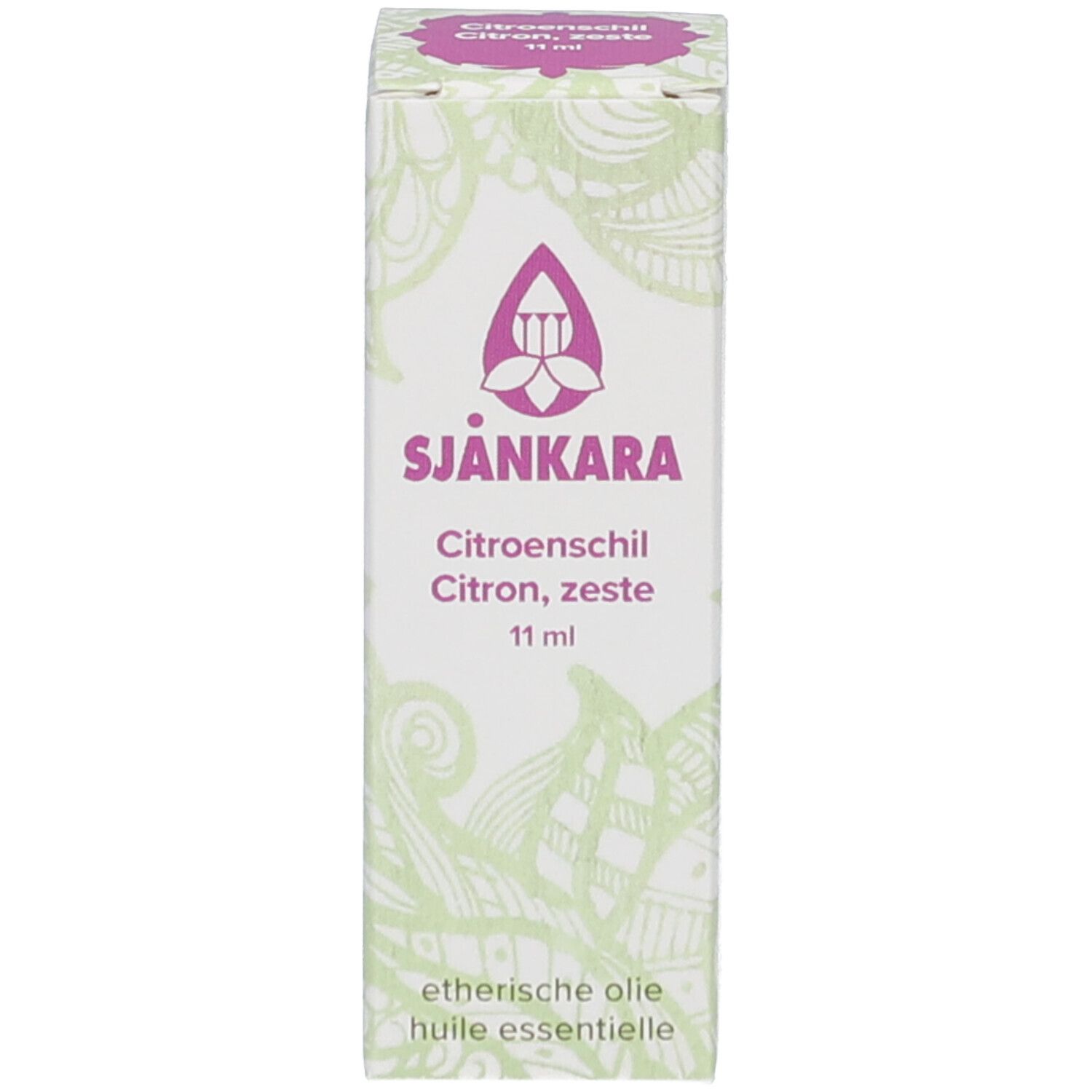 Karton mit Logo und Text: Citron, zeste, 11 ml. Aufschrift: etherische olie.