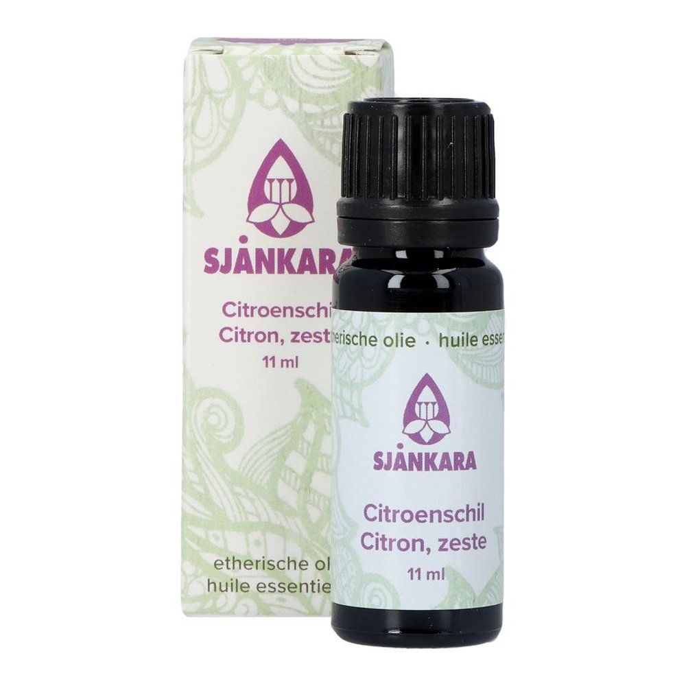 Flacon et boîte. Flacon avec bouchon noir. Boîte avec logo et texte: Citron, zeste, 11 ml.