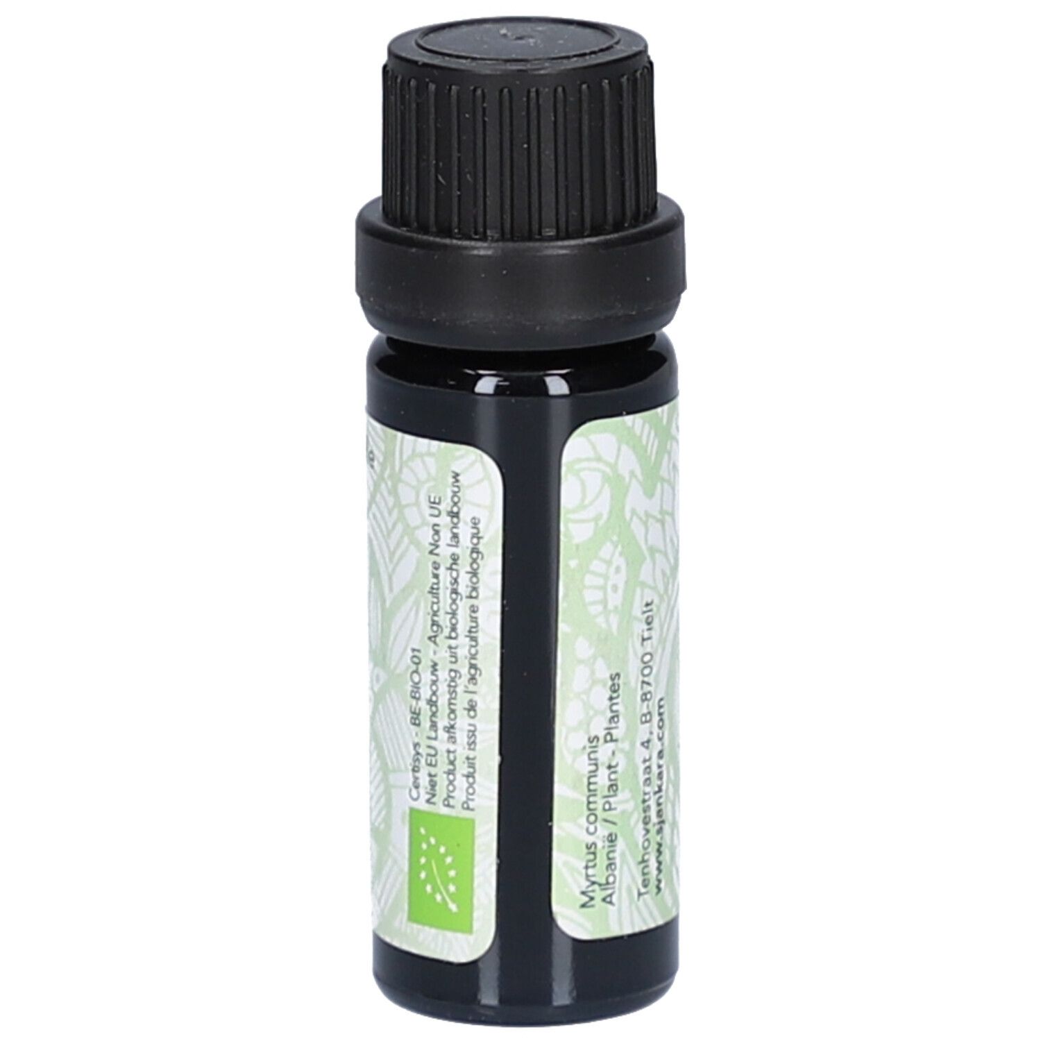 Braune Glasflasche mit schwarzem Deckel. Etikett mit Produktinformationen und Bio-Siegel.
