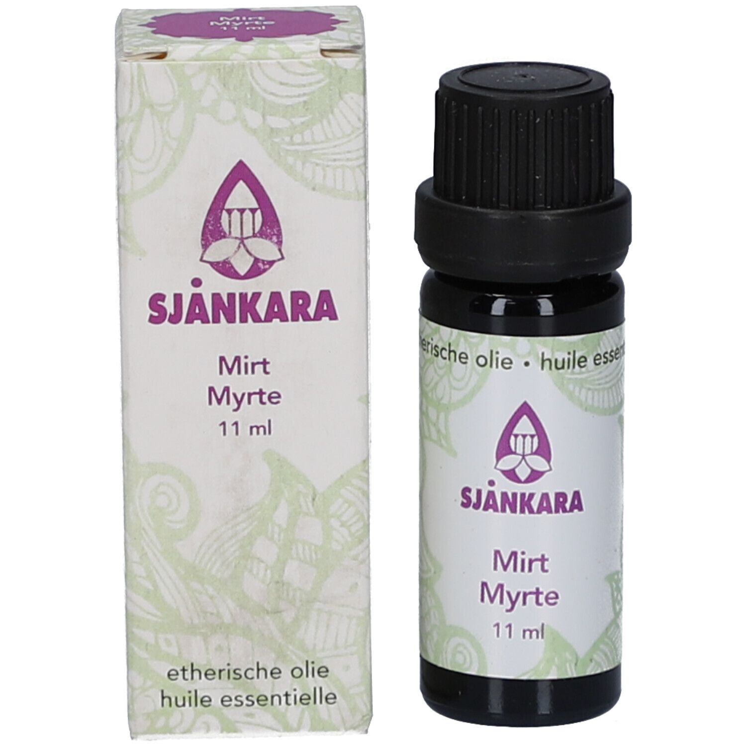Produktflasche und Verpackung. Flasche mit Etikett, Verpackung mit Logo und Produktname.