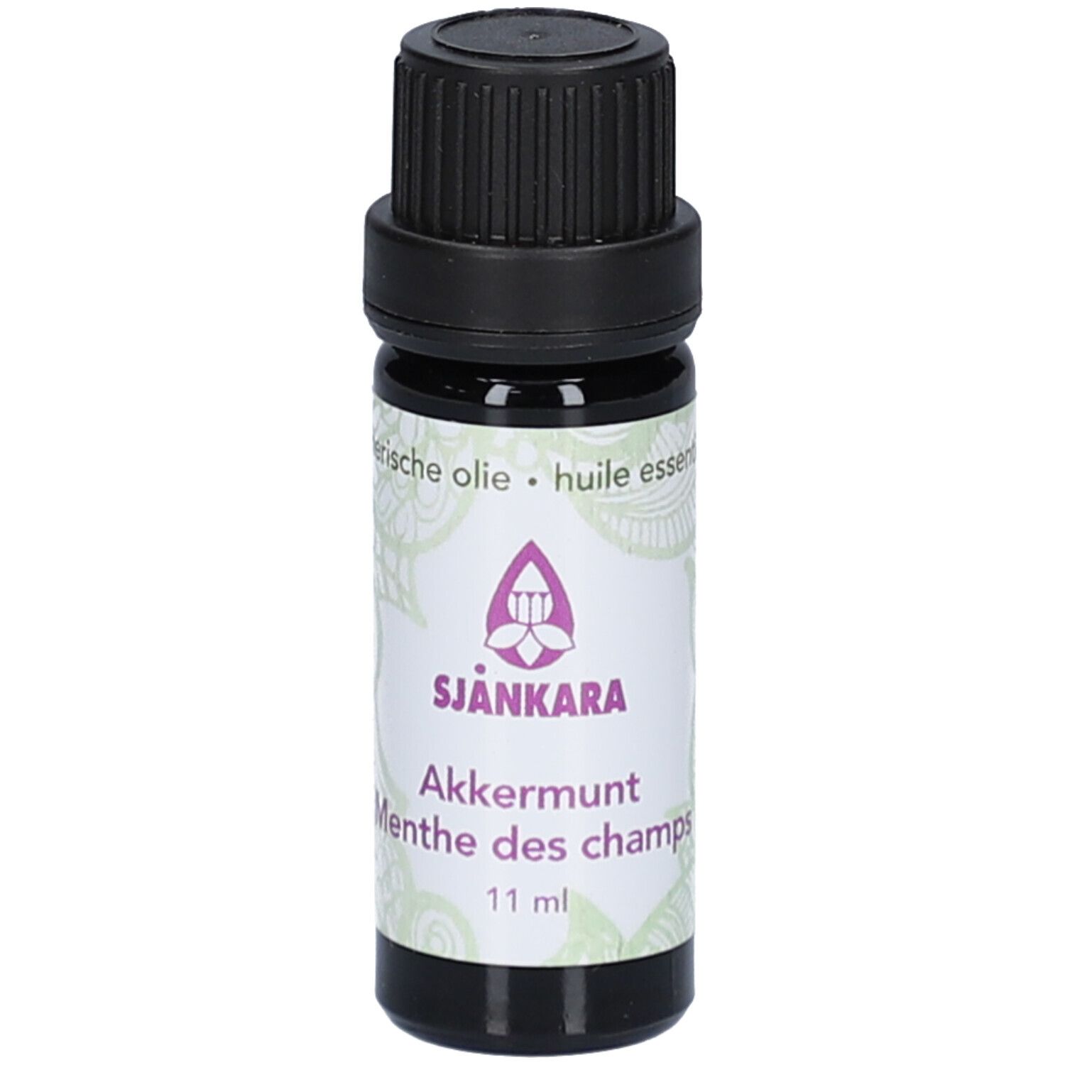 Braune Glasflasche mit schwarzem Deckel. Etikett mit Produktnamen und Logo. 11 ml.