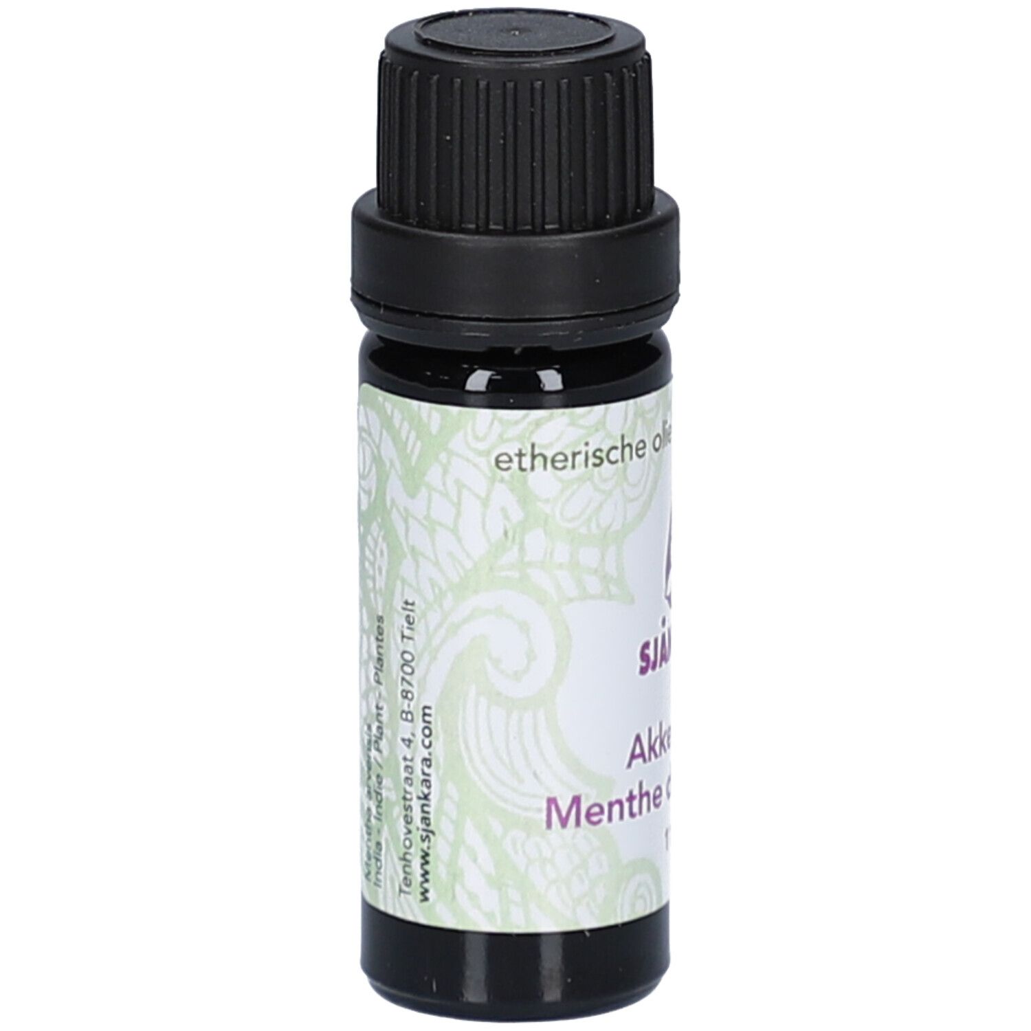 Braune Glasflasche mit schwarzem Deckel. Etikett mit Produktnamen und Logo. 11 ml.