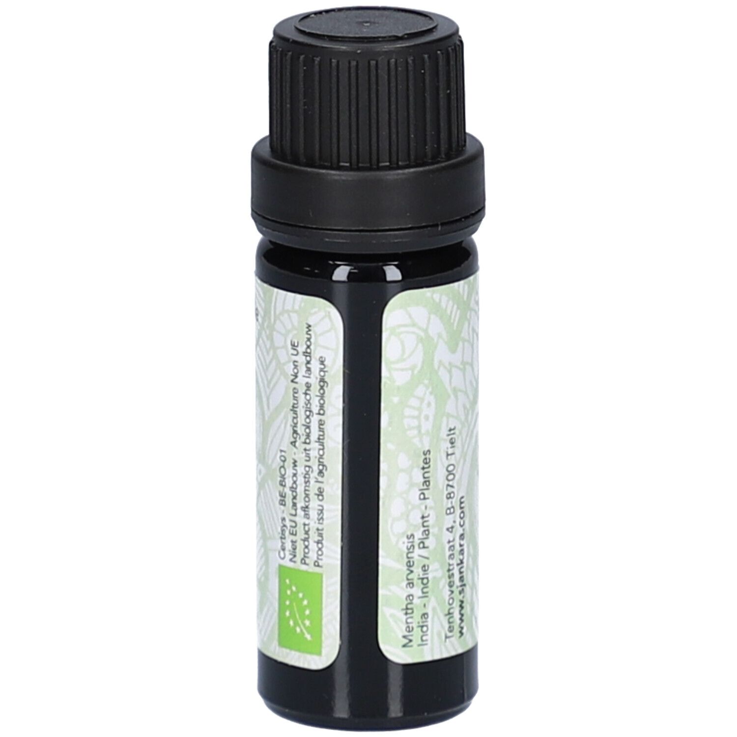 Braune Glasflasche mit schwarzem Deckel. Etikett mit Produktnamen und Logo. 11 ml.