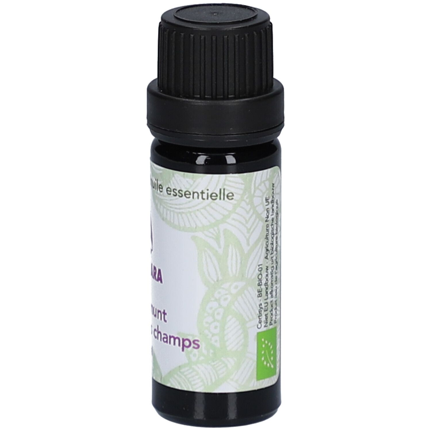 Braune Glasflasche mit schwarzem Deckel. Etikett mit Produktnamen und Logo. 11 ml.