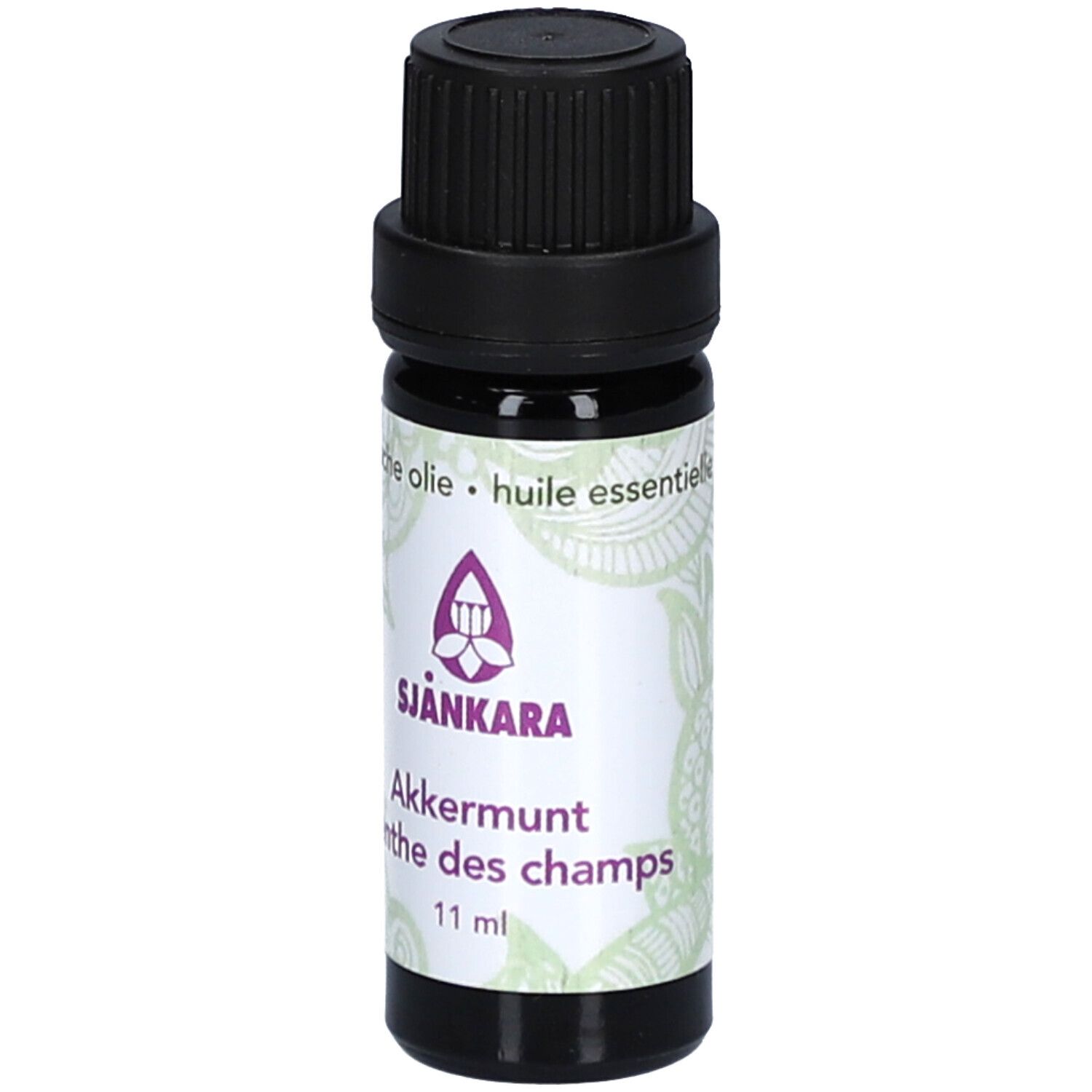 Braune Glasflasche mit schwarzem Deckel. Etikett mit Produktnamen und Logo. 11 ml.