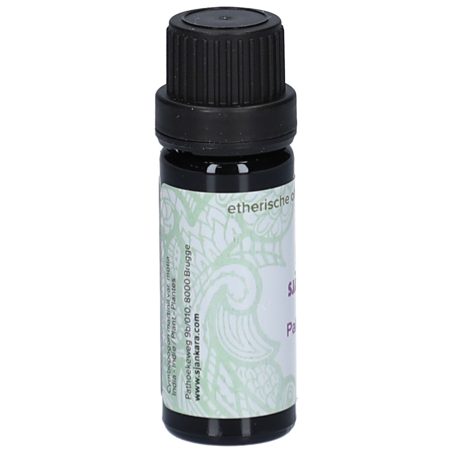 Kleine, braune Glasflasche mit schwarzem Deckel. Etikett mit floralem Muster und Text. Produktinformationen.