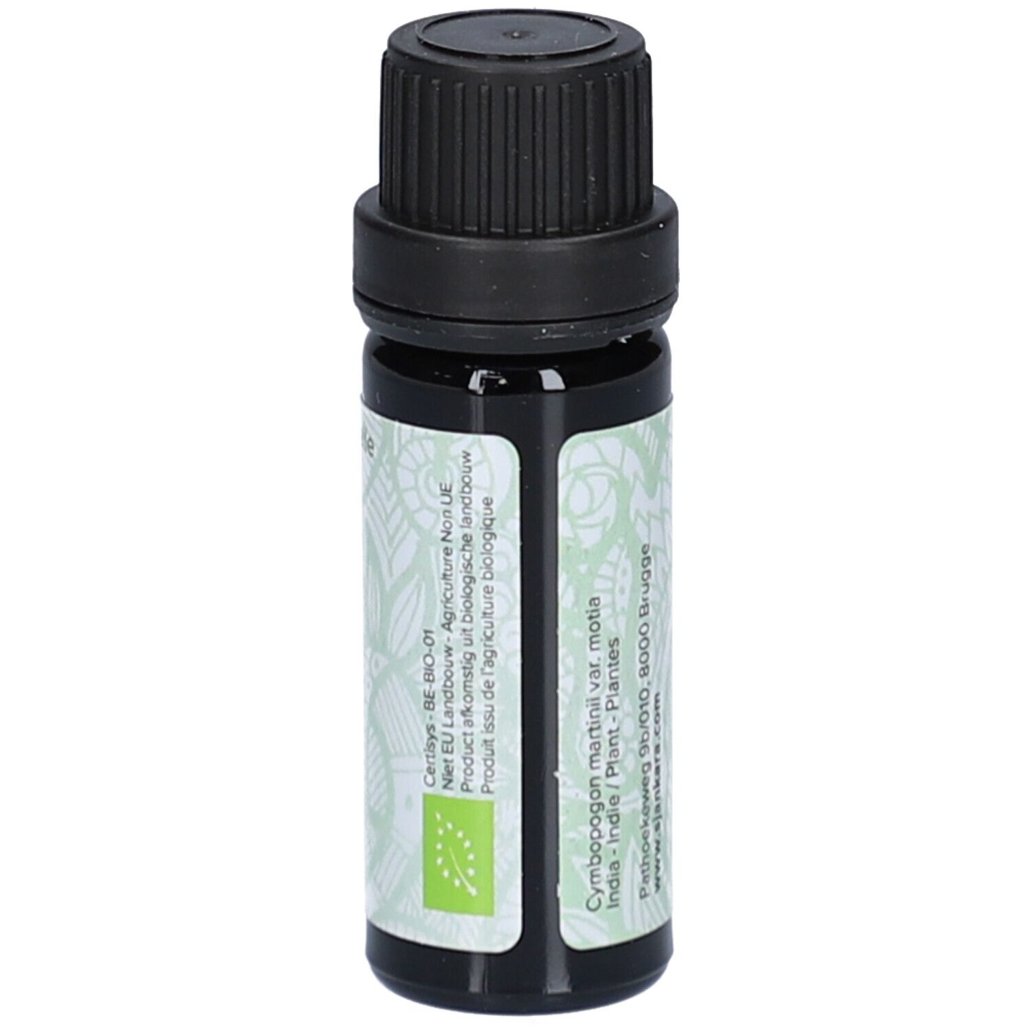 Braune Glasflasche mit schwarzem Deckel. Etikett mit Text und floralem Muster. Bio-Zertifizierung.