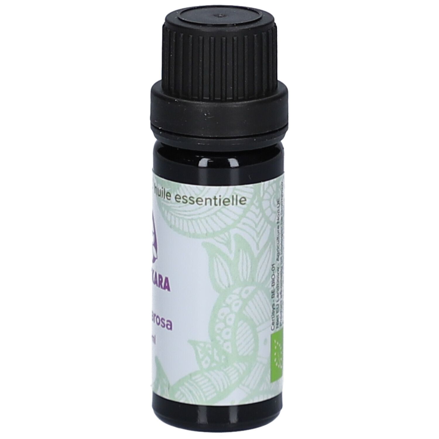 Kleine braune Glasflasche mit schwarzem Deckel. Etikett mit floralem Muster und Text. Produktname.