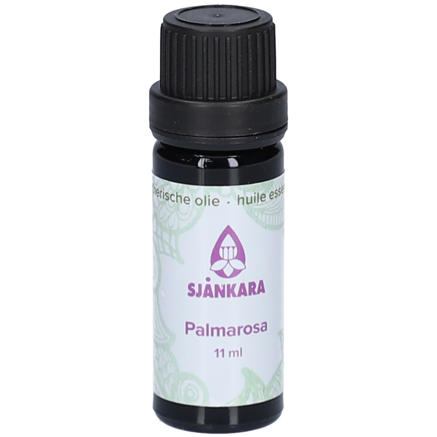 Braune Glasflasche mit schwarzem Deckel. Etikett mit Produktname, Volumenangabe und floralem Muster.