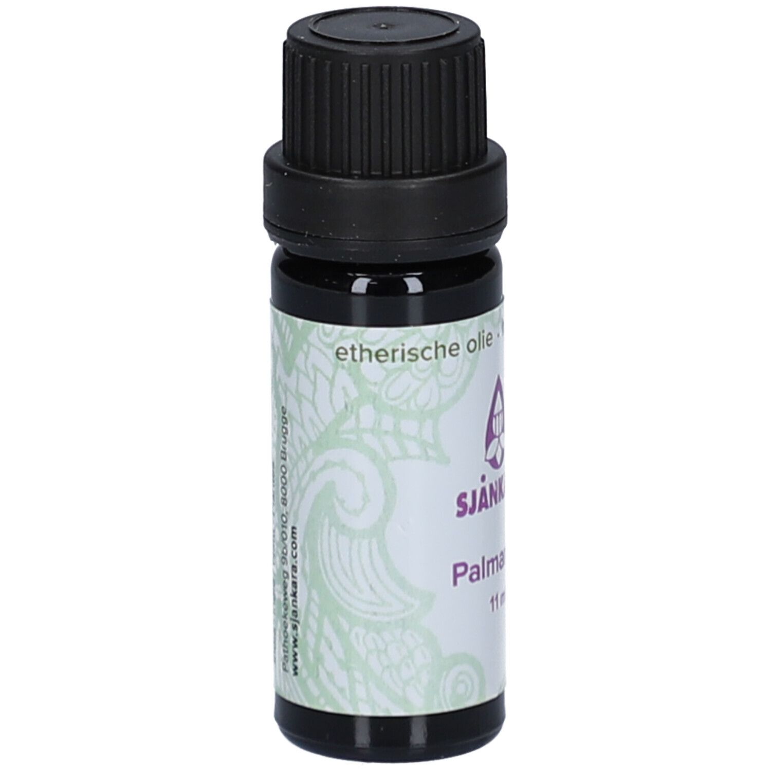 Braune Glasflasche mit schwarzem Deckel. Etikett mit Produktname, Volumenangabe und floralem Muster.