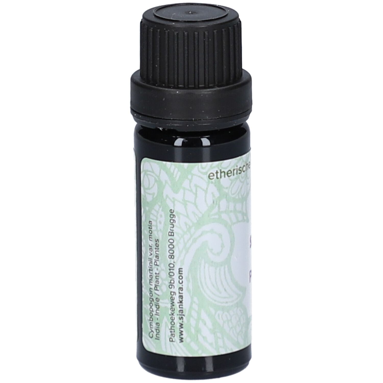 Braune Glasflasche mit schwarzem Deckel. Etikett mit Text und floralem Muster. Produktinformationen.