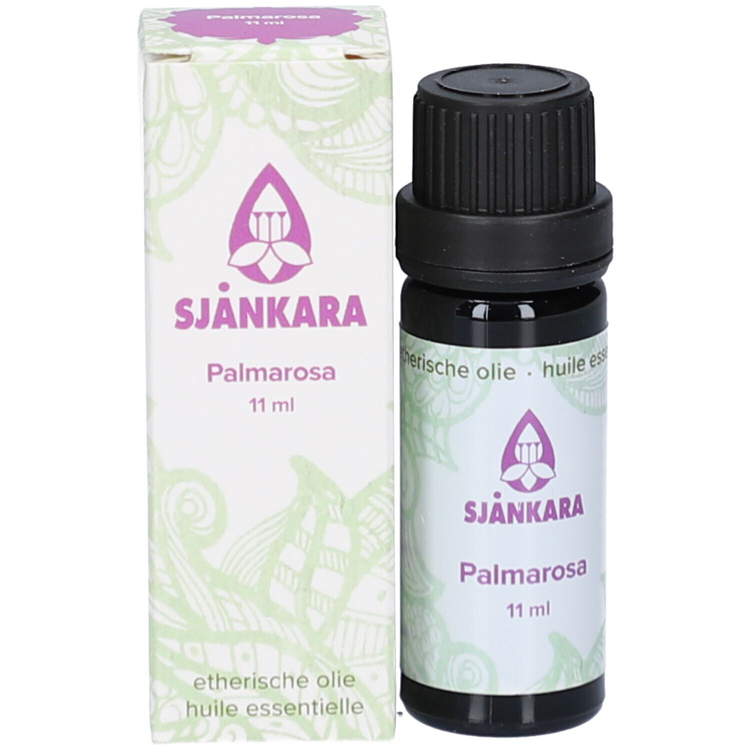 Produktflasche und Verpackung. Flasche mit schwarzem Deckel, Verpackung mit floralem Muster und Text.