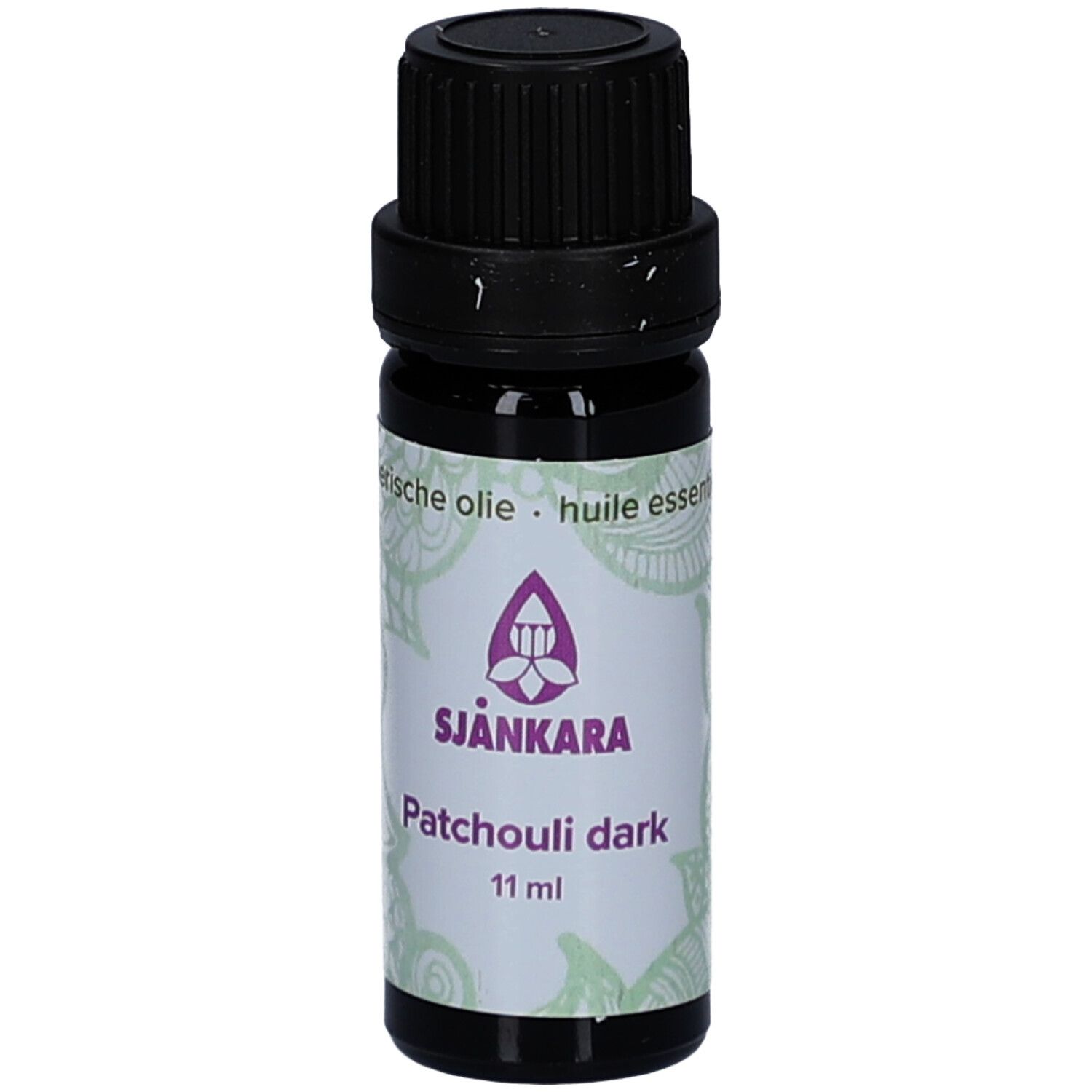 Dunkle Glasflasche mit schwarzem Deckel. Etikett mit Produktnamen und Logo. 11 ml.