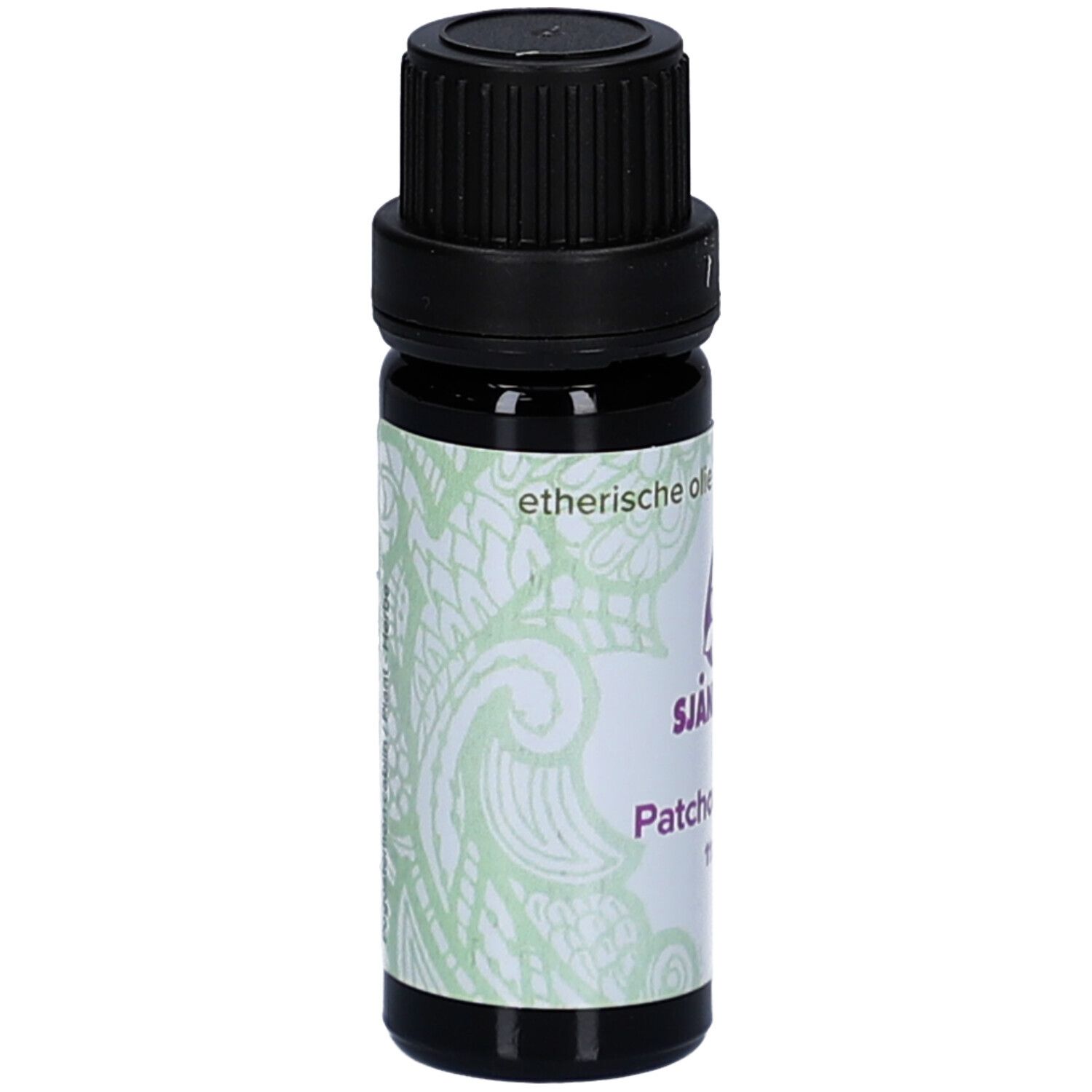 Dunkle Glasflasche mit schwarzem Deckel. Etikett mit Produktnamen und Logo.