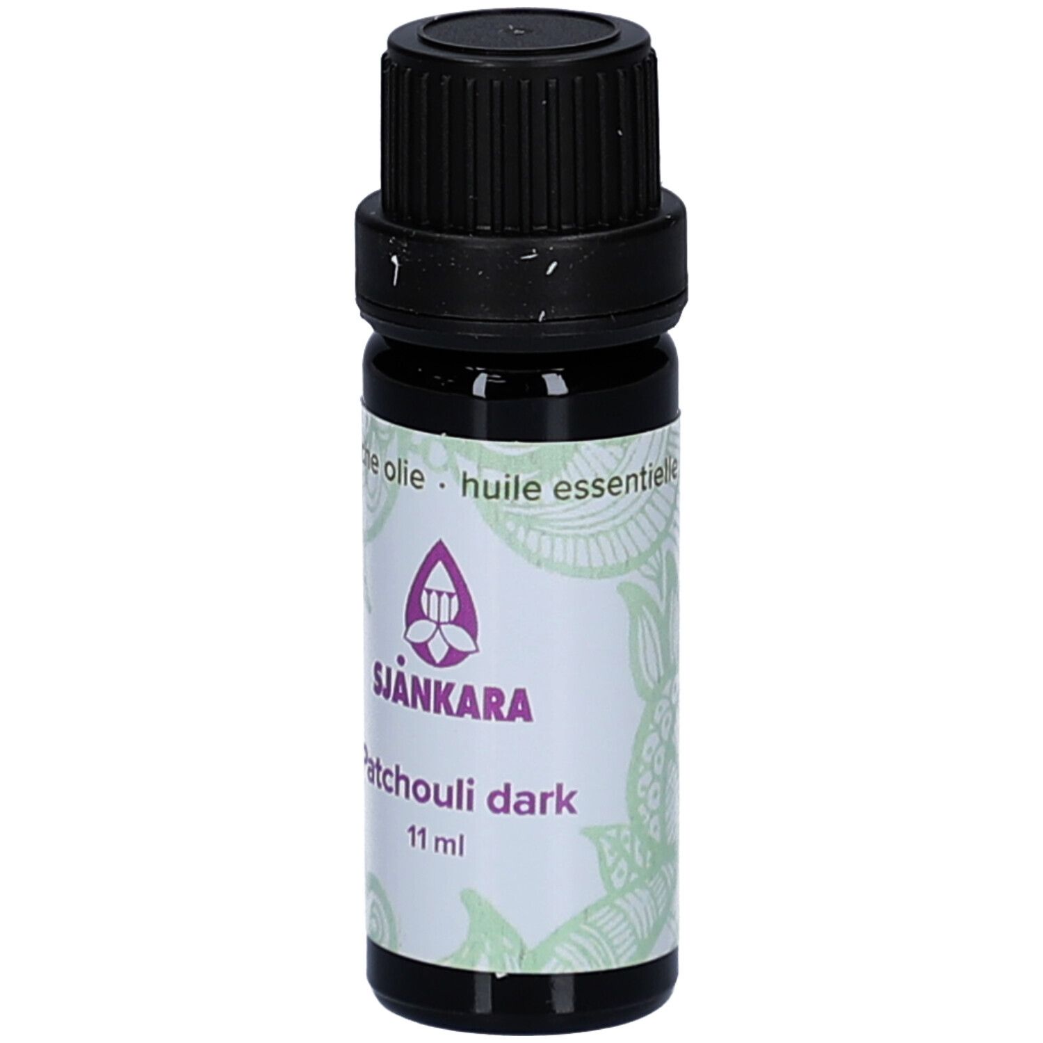 Dunkle Glasflasche mit schwarzem Deckel. Etikett mit Produktnamen und Logo. 11 ml.