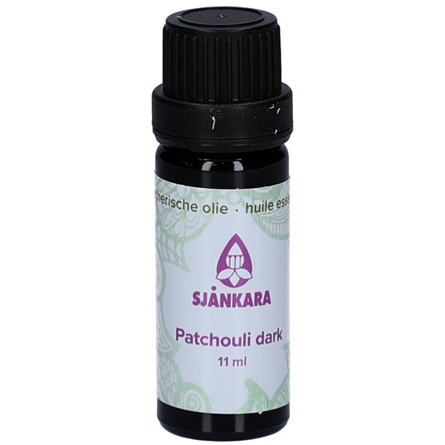 Dunkle Glasflasche mit schwarzem Deckel. Etikett mit Produktnamen und Logo. 11 ml.