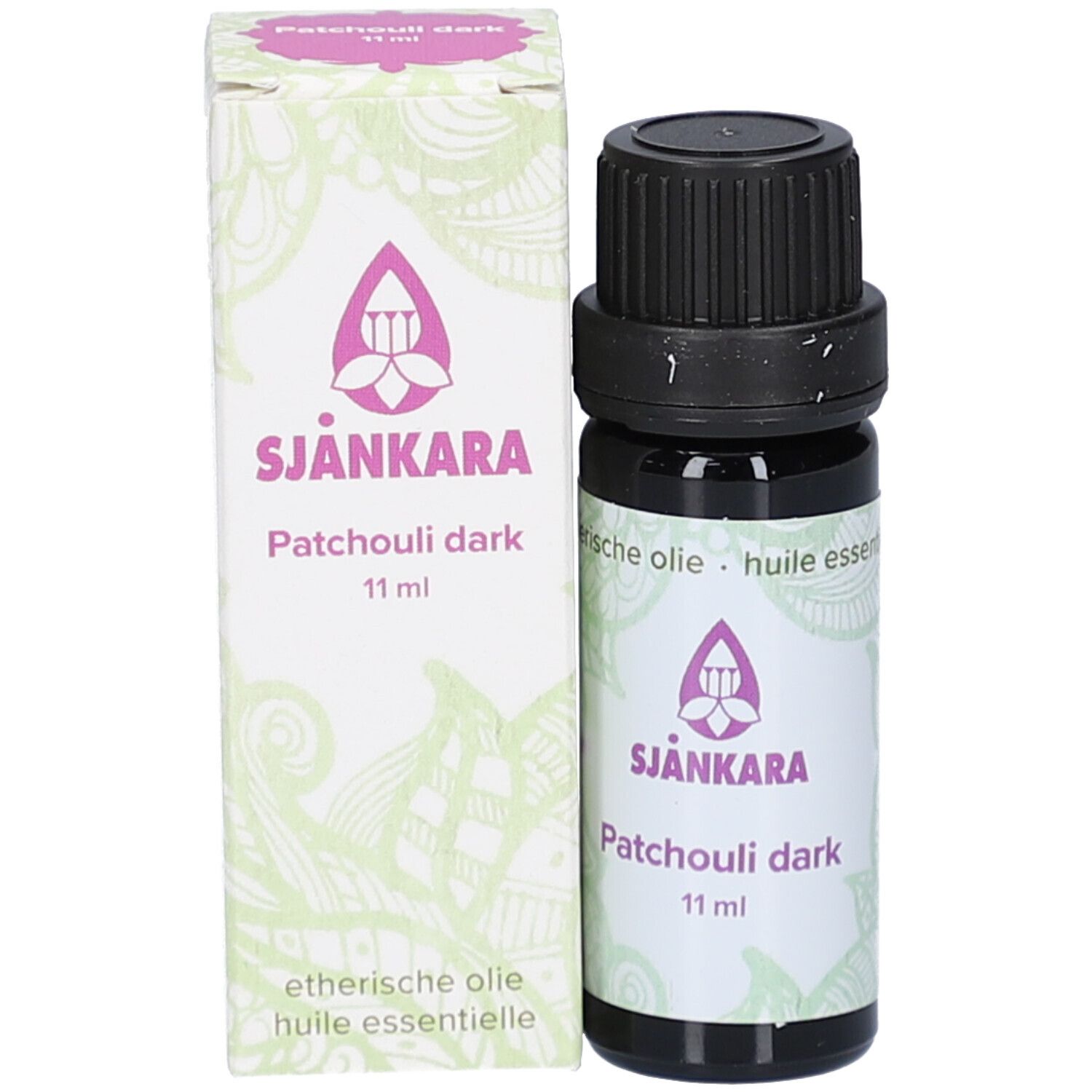 Produktflasche und Schachtel. Flasche mit schwarzem Deckel, Etikett. Schachtel mit Logo und Text.