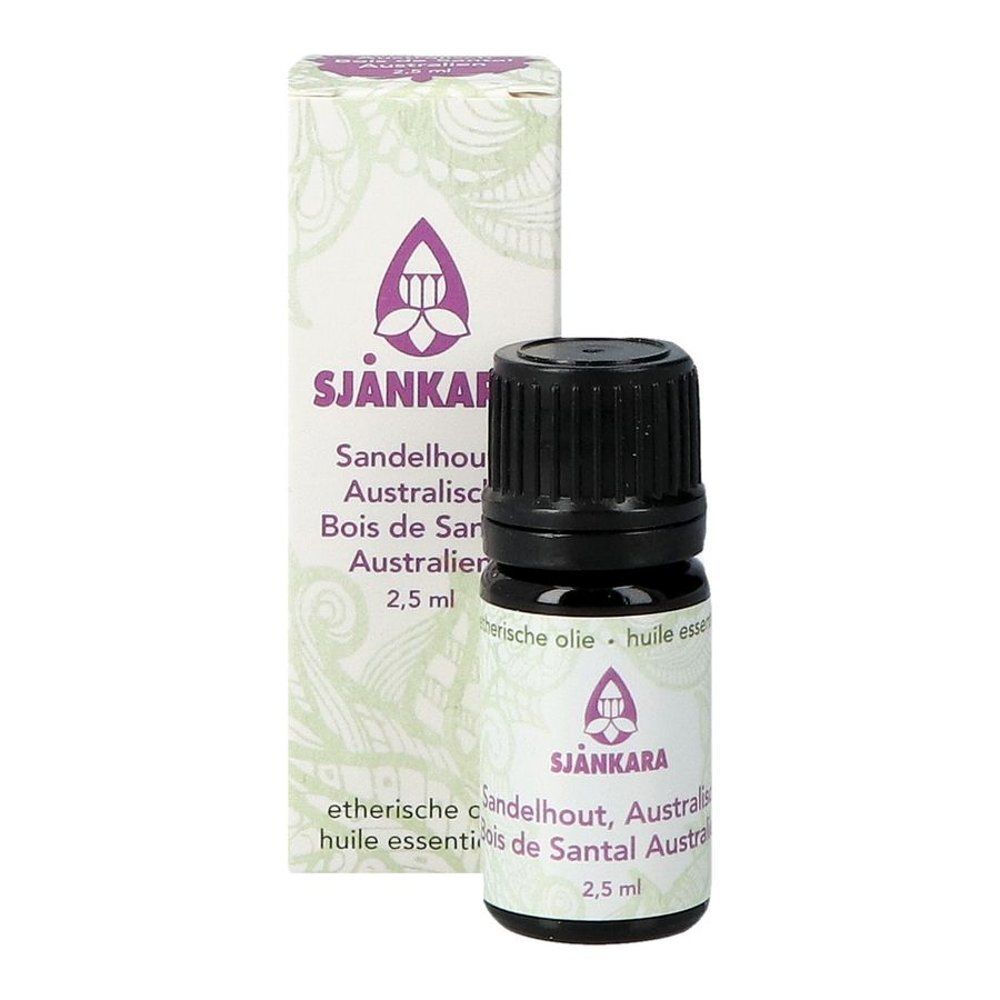 Sjankara Sandelholzöl 2,5ml Flasche und Karton.