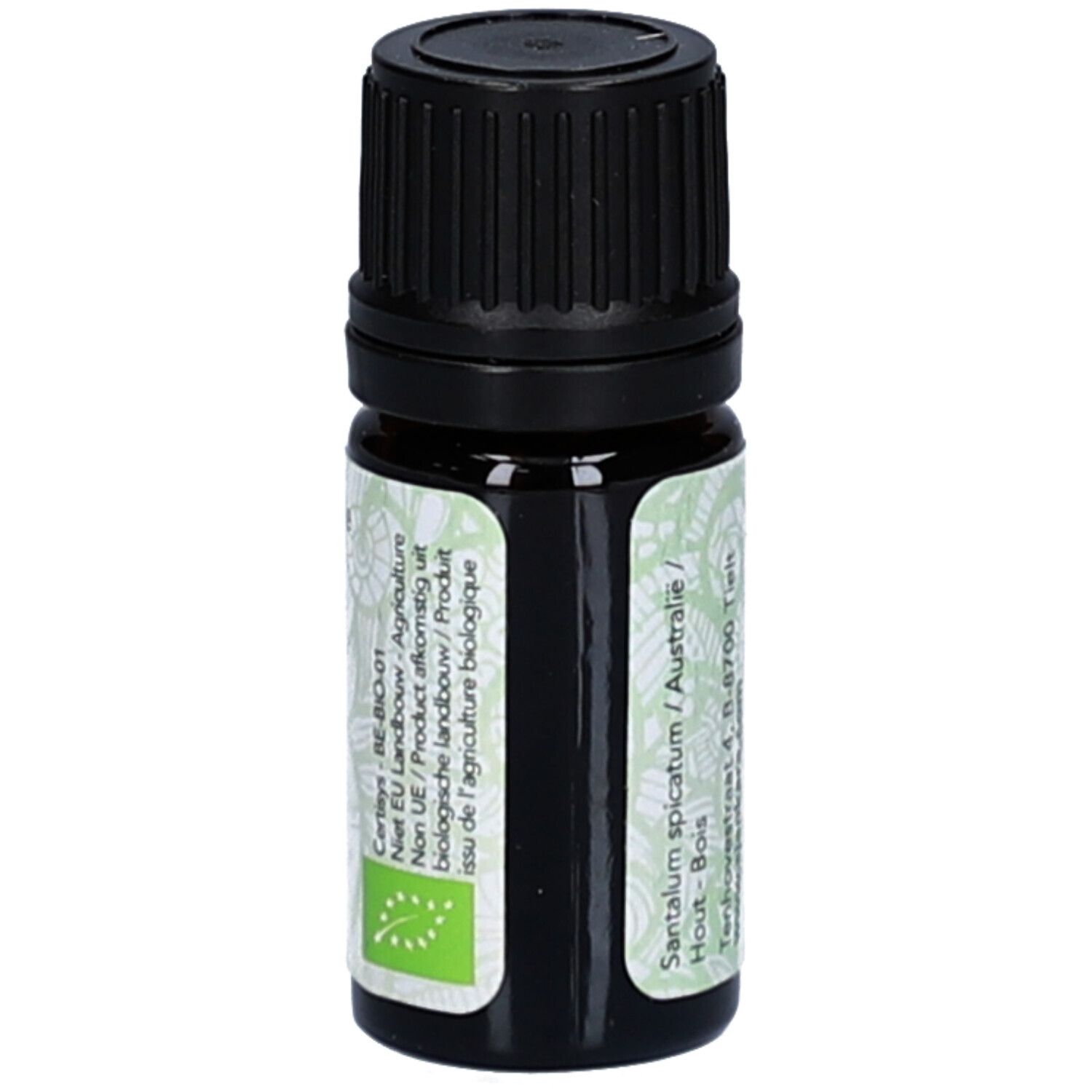 Braune Glasflasche mit schwarzem Deckel. Etikett mit Logo und Text. 2,5 ml. Ätherisches Öl. Bio-Siegel.