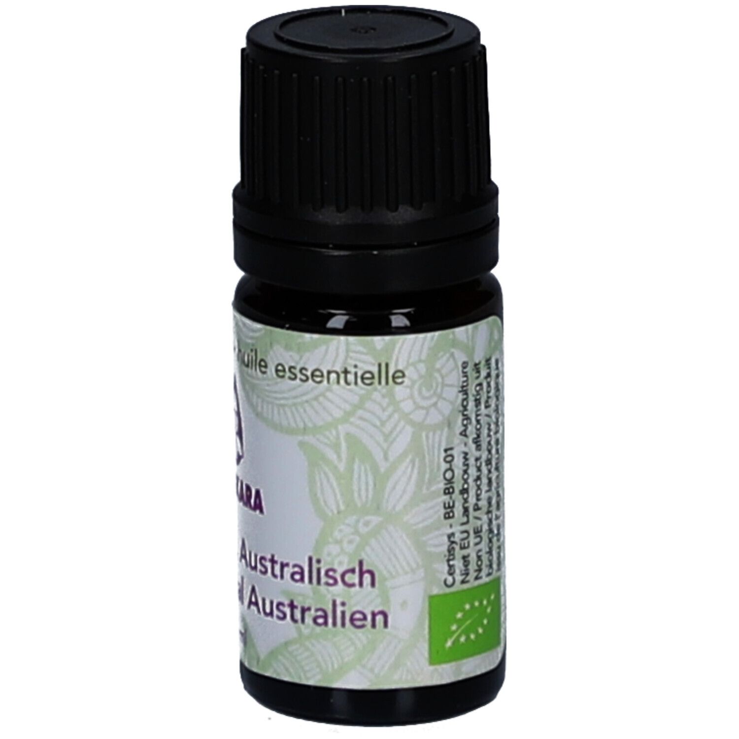 Braune Glasflasche mit schwarzem Deckel. Etikett mit Logo und Text. 2,5 ml. Ätherisches Öl. Bio-Siegel.