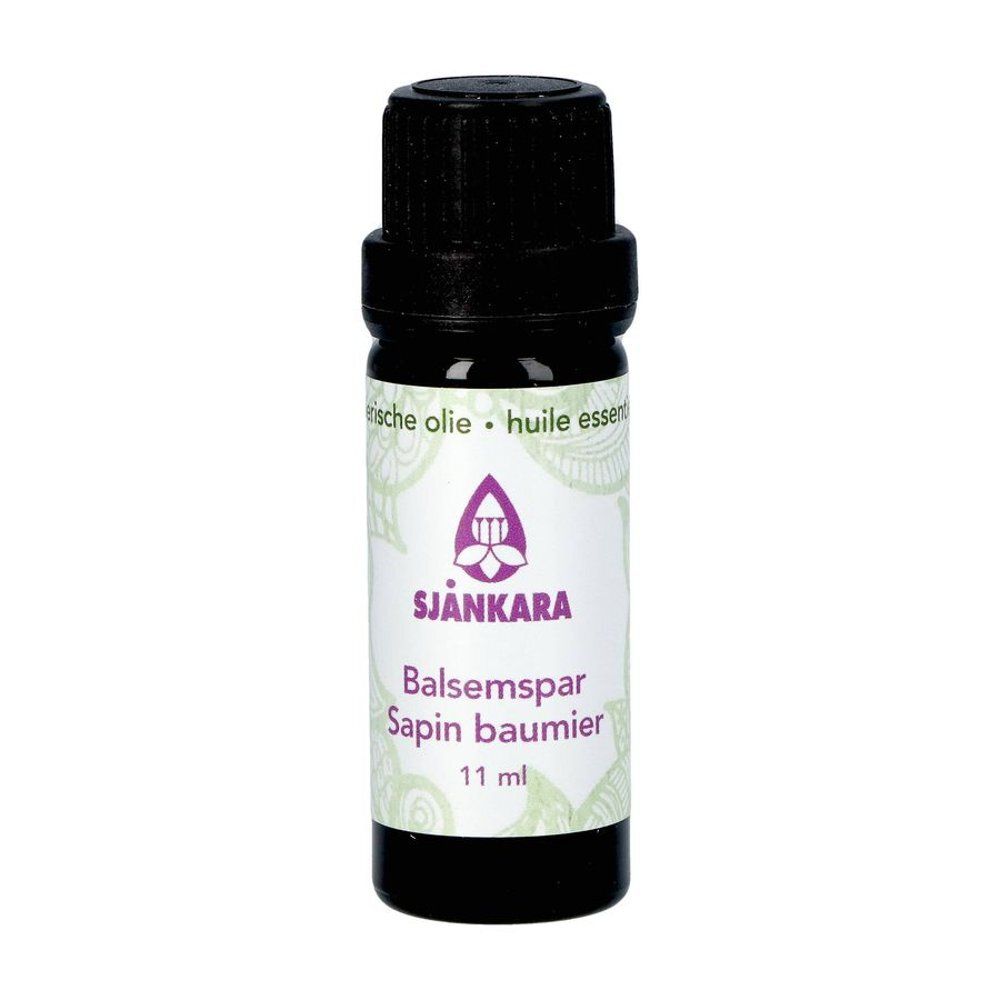 Flacon en verre brun avec bouchon noir. Inscription: SJANKARA, Balsamspar, Sapin baumier, 11 ml. Avec logo.