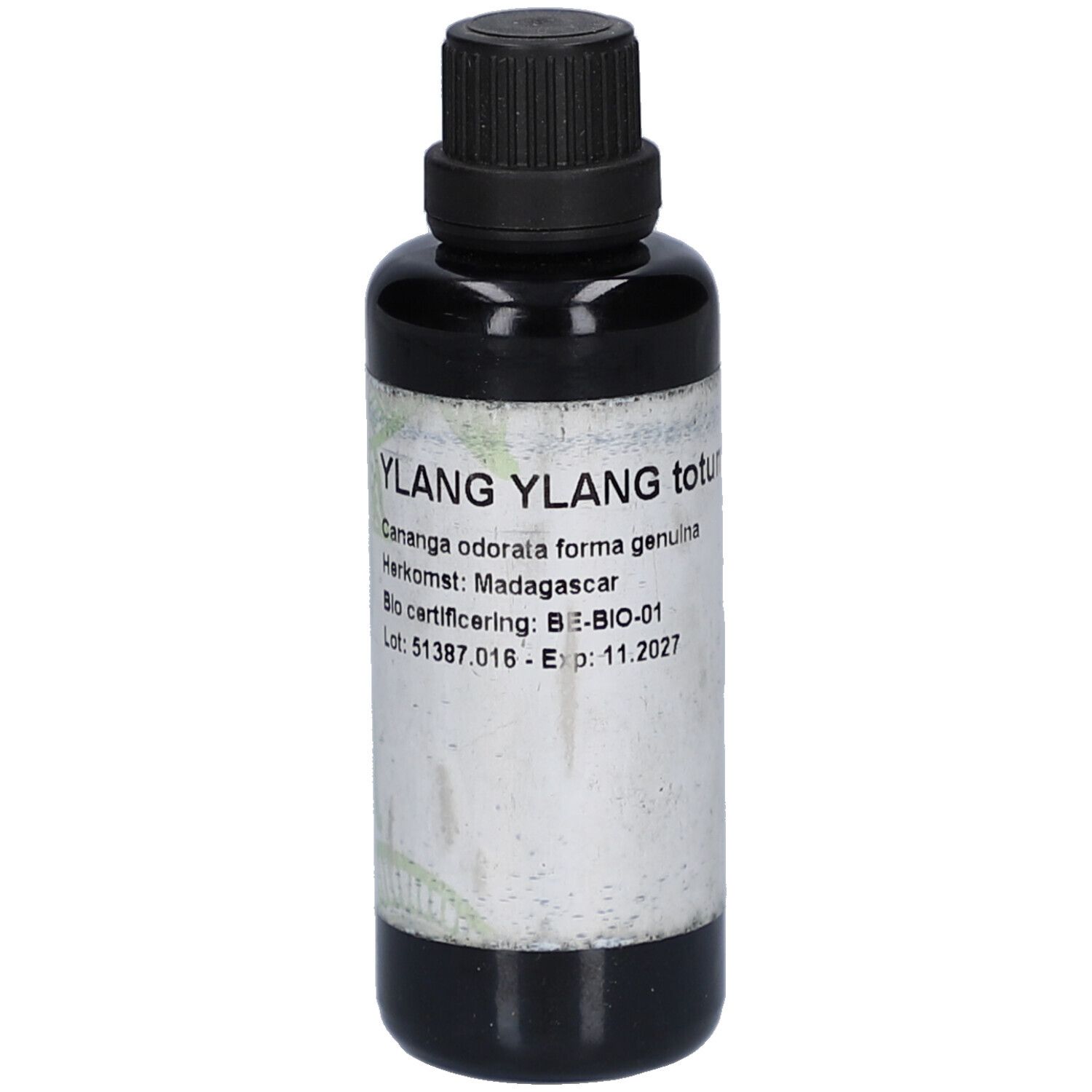 Braune Glasflasche mit schwarzem Deckel. Etikett mit Text: Ylang Ylang totum, Herkunft Madagaskar, Bio-Zertifizierung.