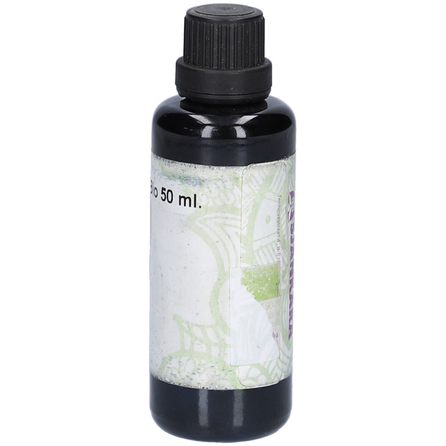 Braune Glasflasche mit schwarzem Deckel. Etikett mit Text: Bio 50 ml. Produktinformationen.