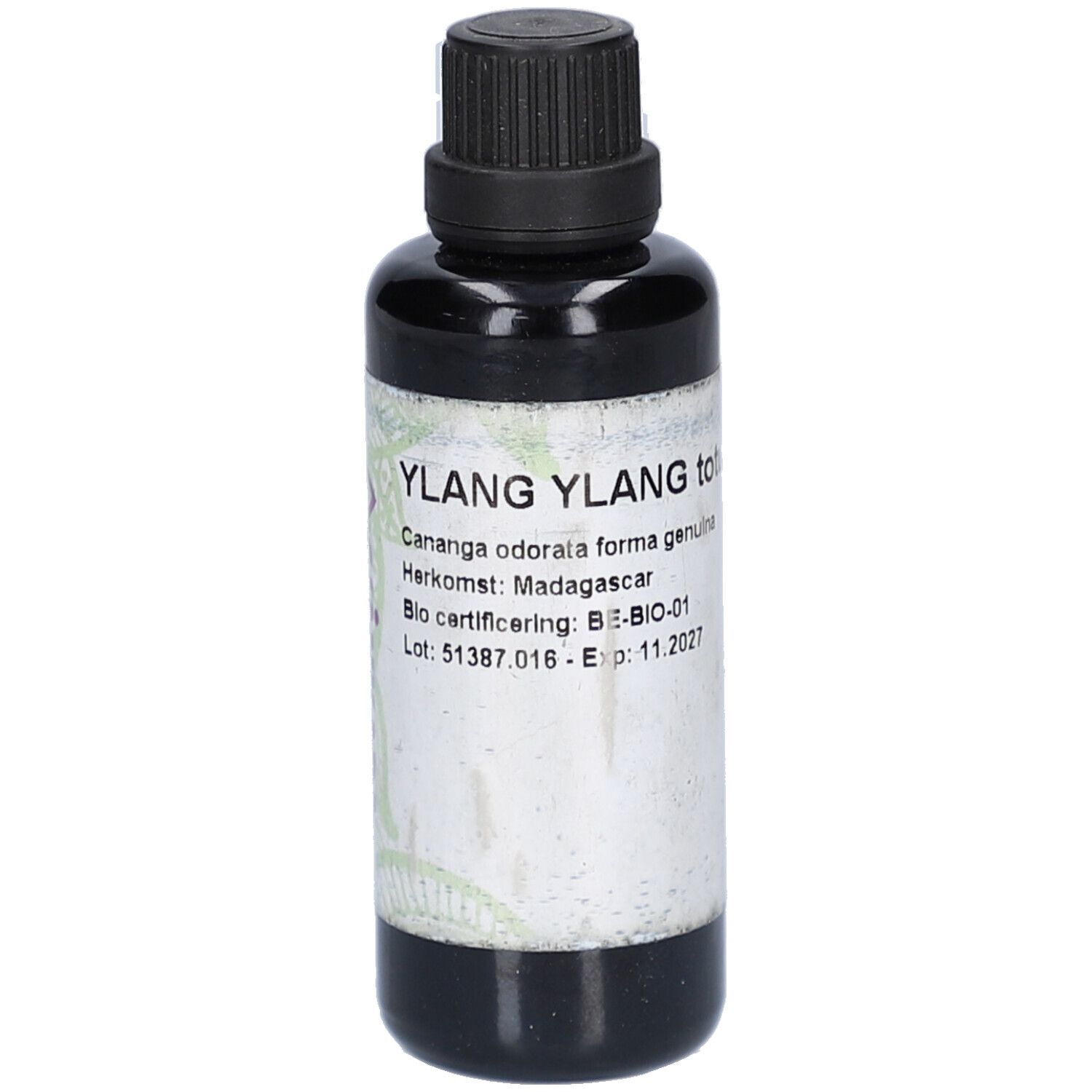 Braune Glasflasche mit schwarzem Deckel. Etikett mit Text: Ylang Ylang totum, Herkunft Madagaskar, Bio-Zertifizierung.