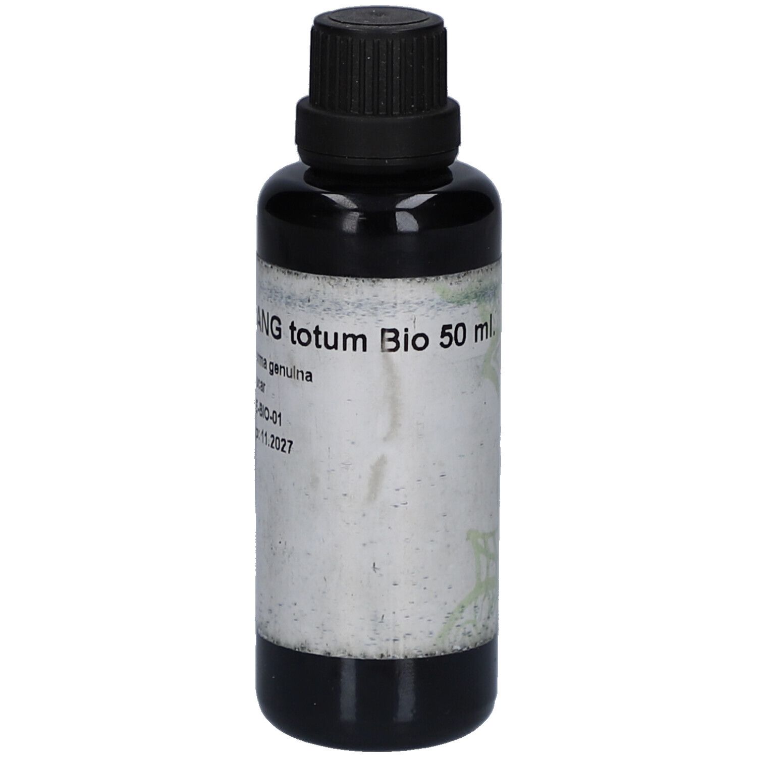 Braune Glasflasche mit schwarzem Deckel. Etikett mit Text: Ylang Ylang totum Bio 50 ml. Produktinformationen.