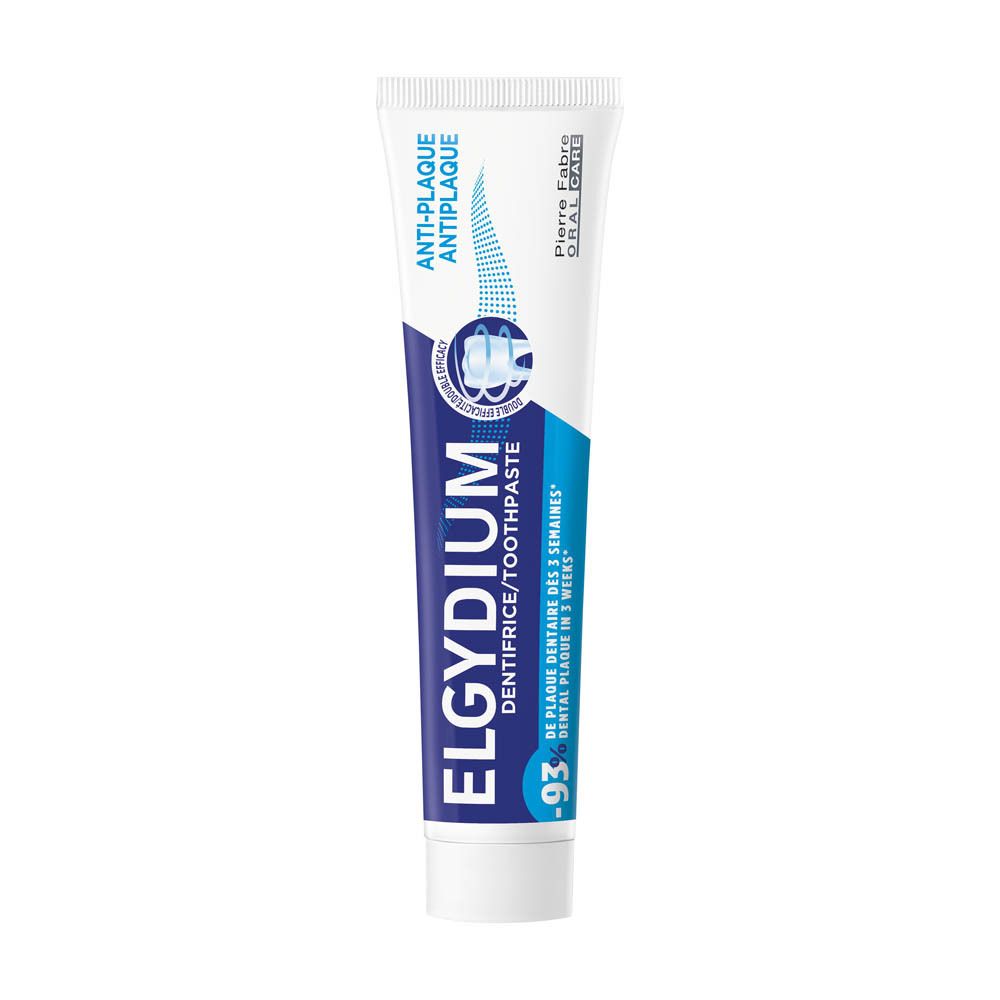 Tube de dentifrice. Bleu et blanc. Inscription: ELGYDIUM DENTIFRICE/TOOTHPASTE, ANTI-PLAQUE. Pierre Fabre Oral Care.