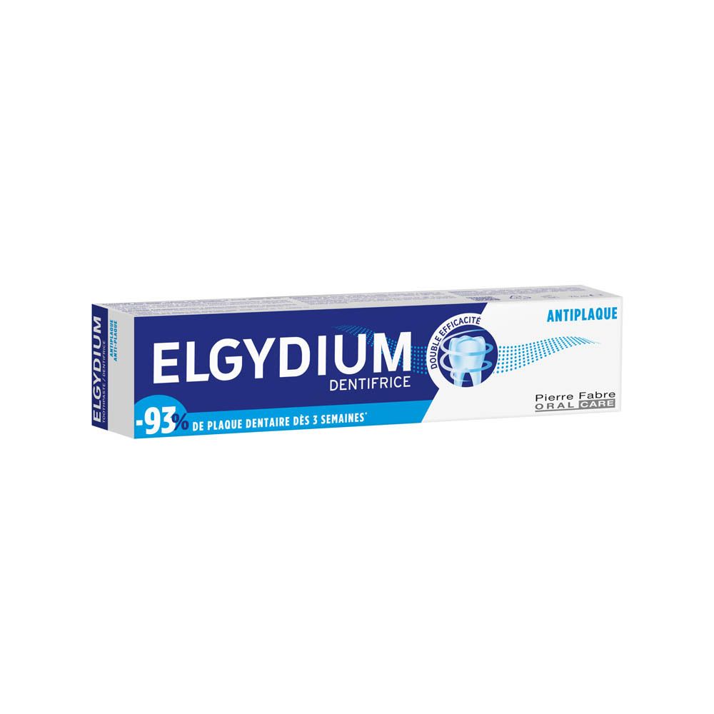 Boîte de dentifrice. Bleu et blanc. Inscription: ELGYDIUM DENTIFRICE, ANTI-PLAQUE. Pierre Fabre Oral Care.