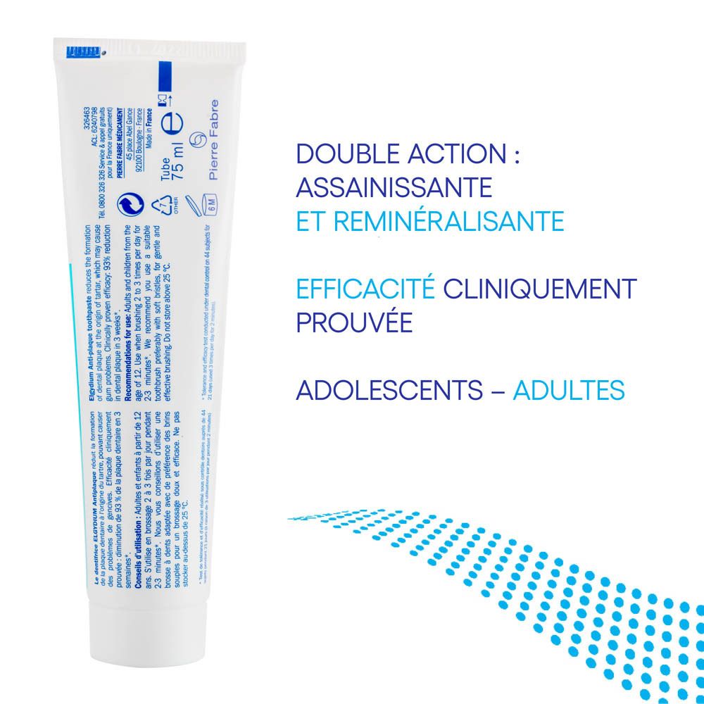 Dos du tube de dentifrice. Texte: double action, cliniquement prouvé, adolescents et adultes.