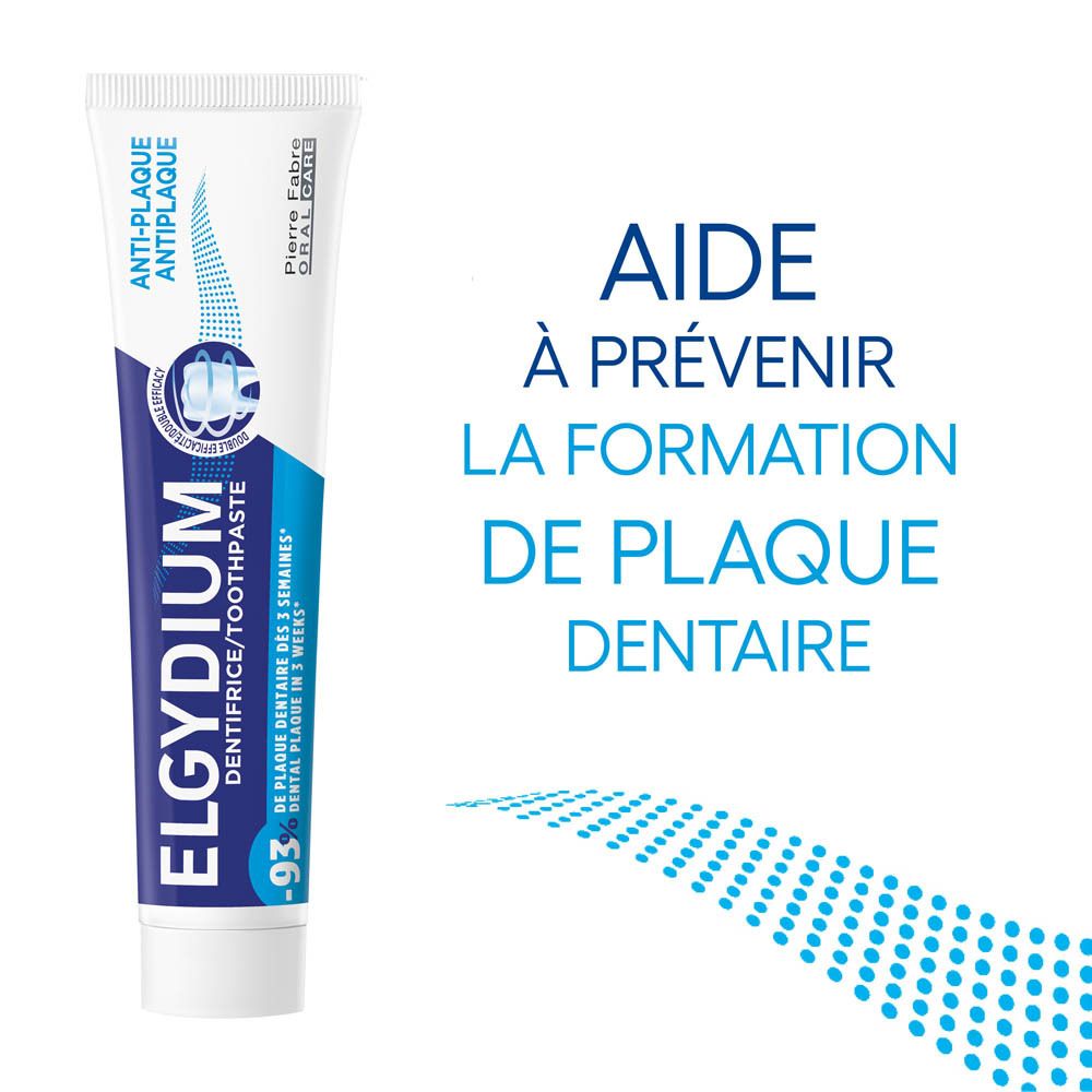 Tube de dentifrice. Bleu et blanc. Inscription: ELGYDIUM DENTIFRICE/TOOTHPASTE, ANTI-PLAQUE. Pierre Fabre Oral Care.