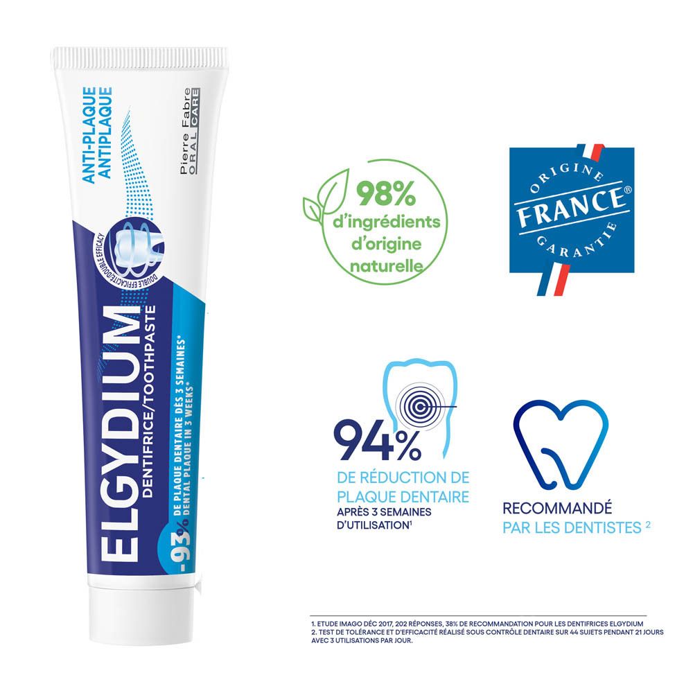 Tube de dentifrice. Bleu et blanc. Inscription: ELGYDIUM DENTIFRICE/TOOTHPASTE, ANTI-PLAQUE. Pierre Fabre Oral Care.