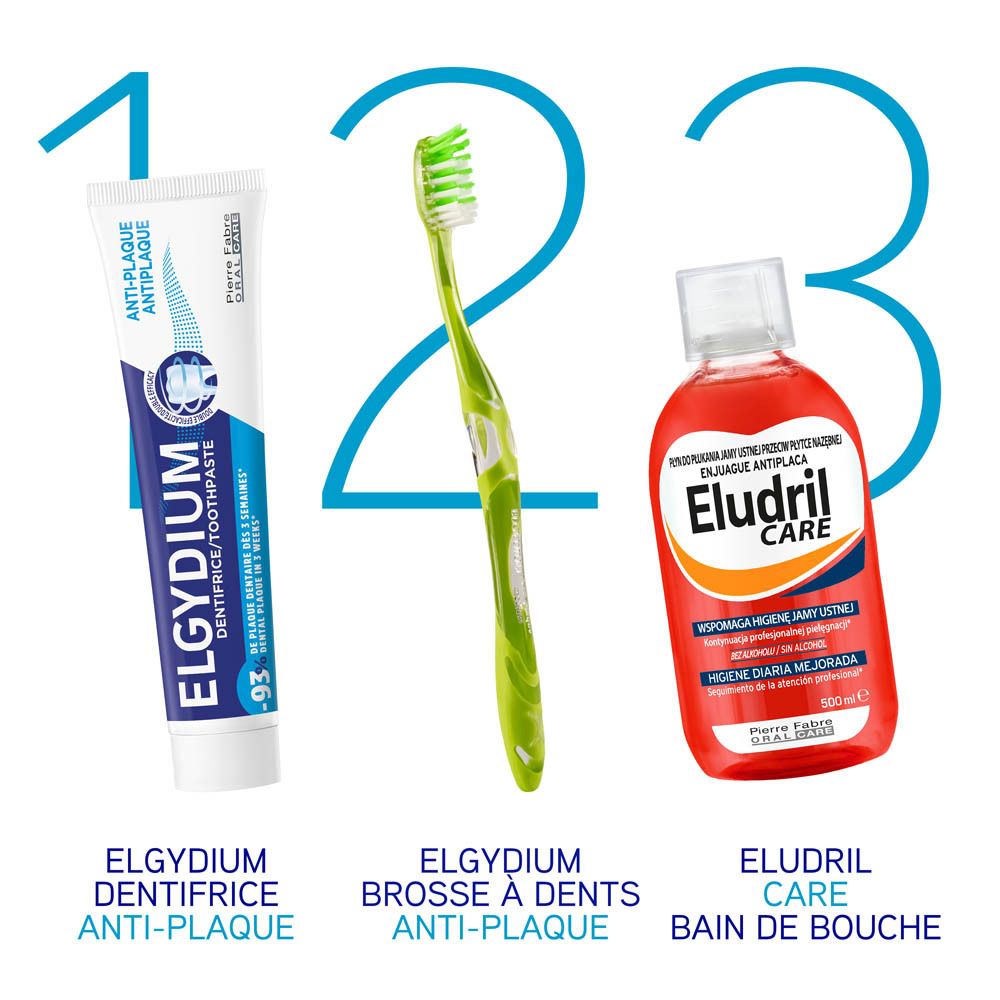 Tube de dentifrice. Bleu et blanc. Inscription: ELGYDIUM DENTIFRICE/TOOTHPASTE, ANTI-PLAQUE. Pierre Fabre Oral Care.