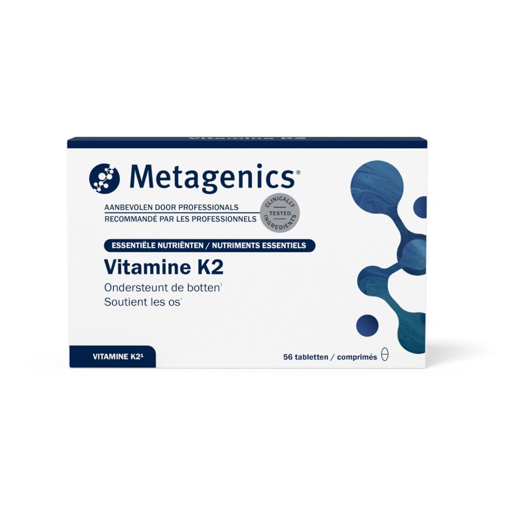 Boîte bleue avec « Metagenics » et « Vitamine K2 ». Contient 56 comprimés. Texte : Nutriments essentiels.
