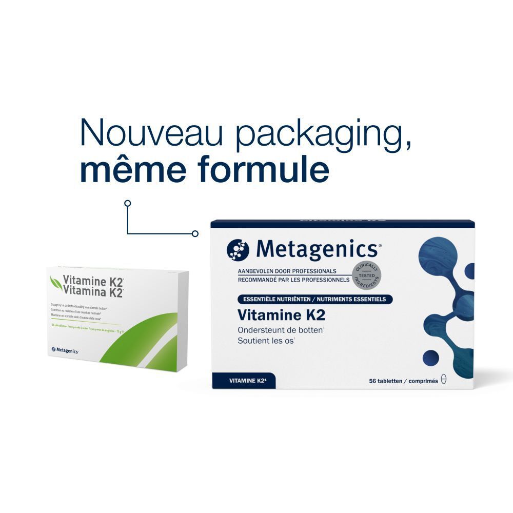 Comparaison de deux boîtes. Gauche : « Vitamine K2 ». Droite : « Metagenics » et « Vitamine K2 ». 56 comprimés.