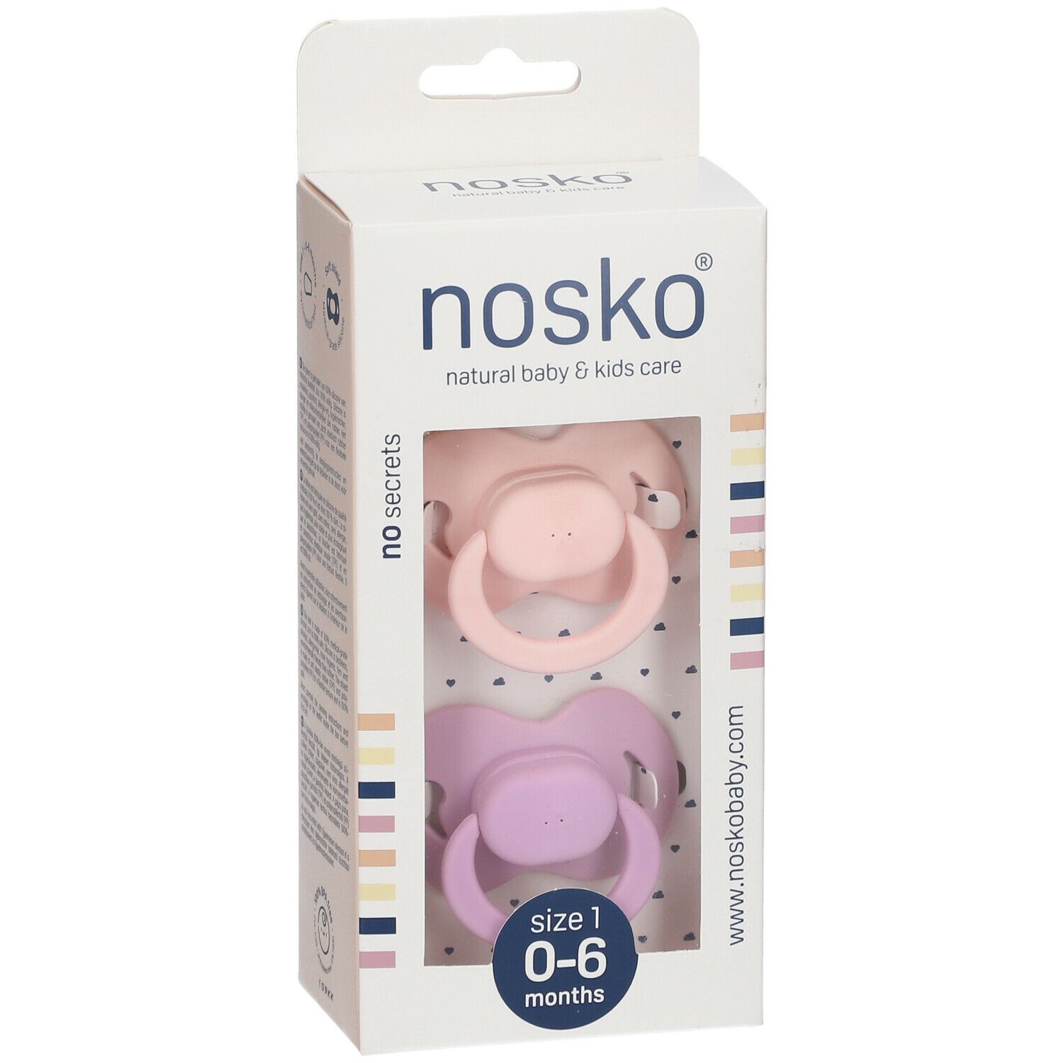 nosko® Sucettes baby pink + lilac 0-6 mois