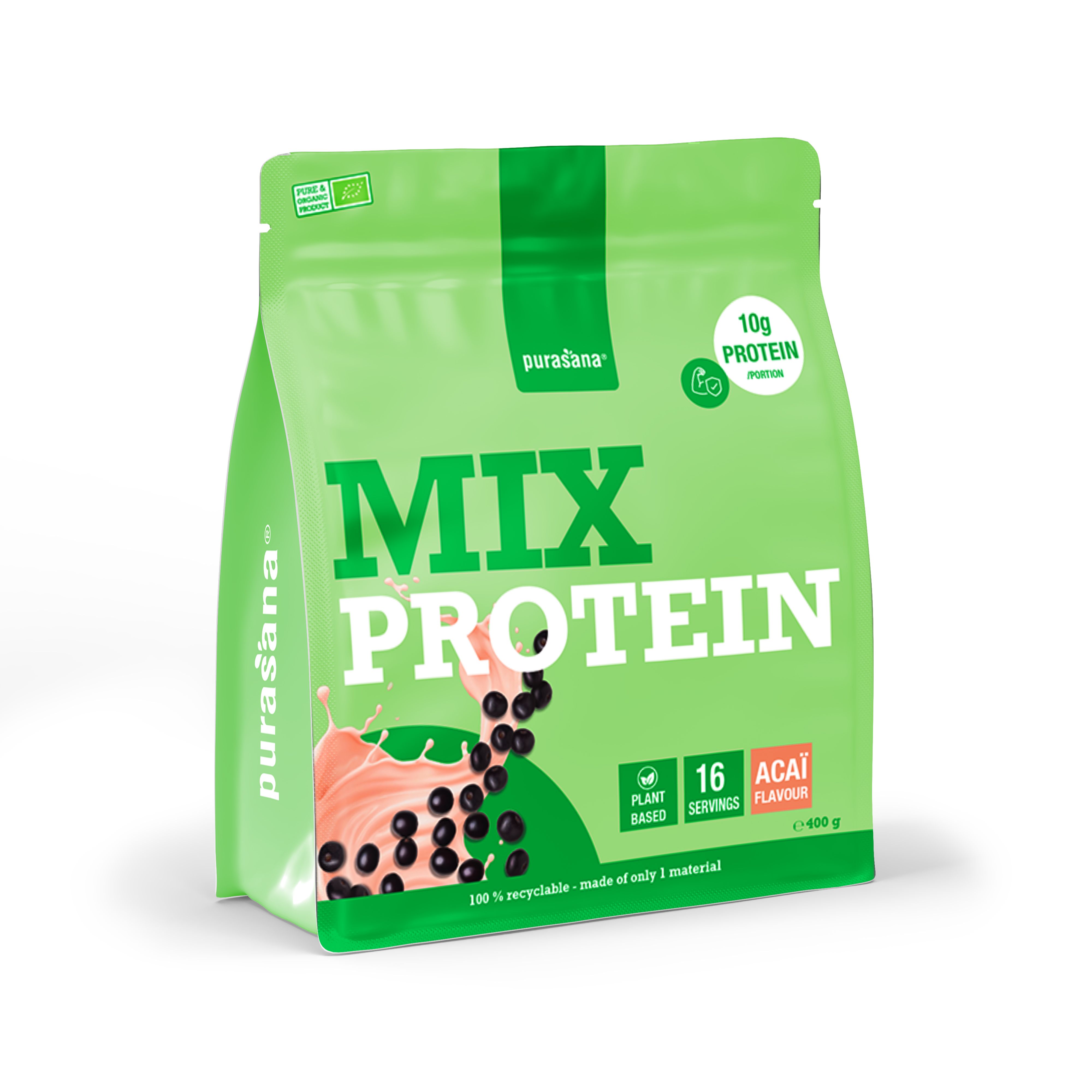 Sachet Purasana Protein Mix, 100% vegan, 10g de protéine par portion, saveur Açaï.