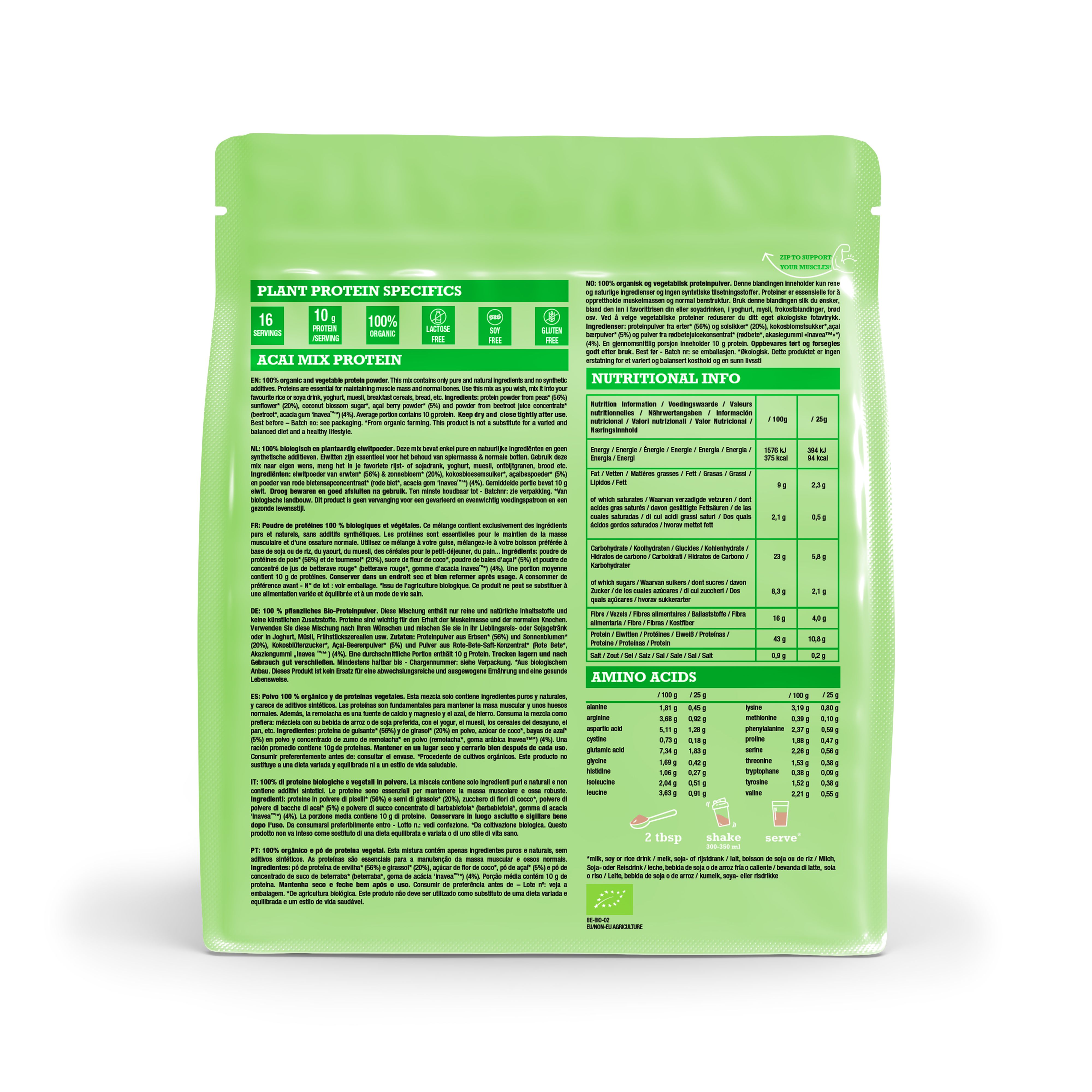 Dos du sachet Purasana Protein Mix avec informations nutritionnelles et profil d'acides aminés.