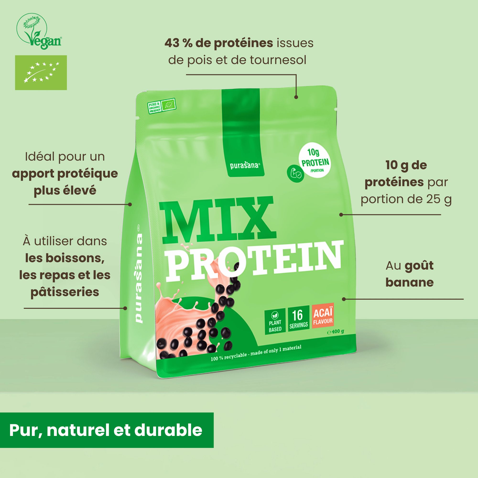 Sachet Purasana Protein Mix avec mises en évidence des ingrédients et de l'utilisation.