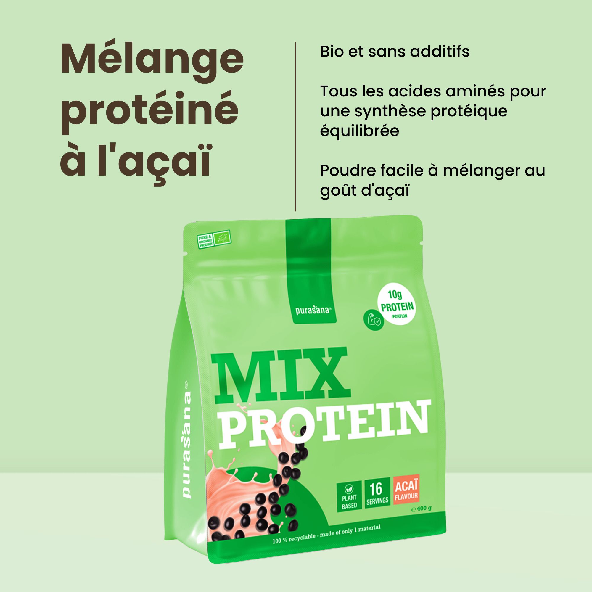 Purasana Protein Mix à l'açaï : Bio, sans additifs, protéines équilibrées.