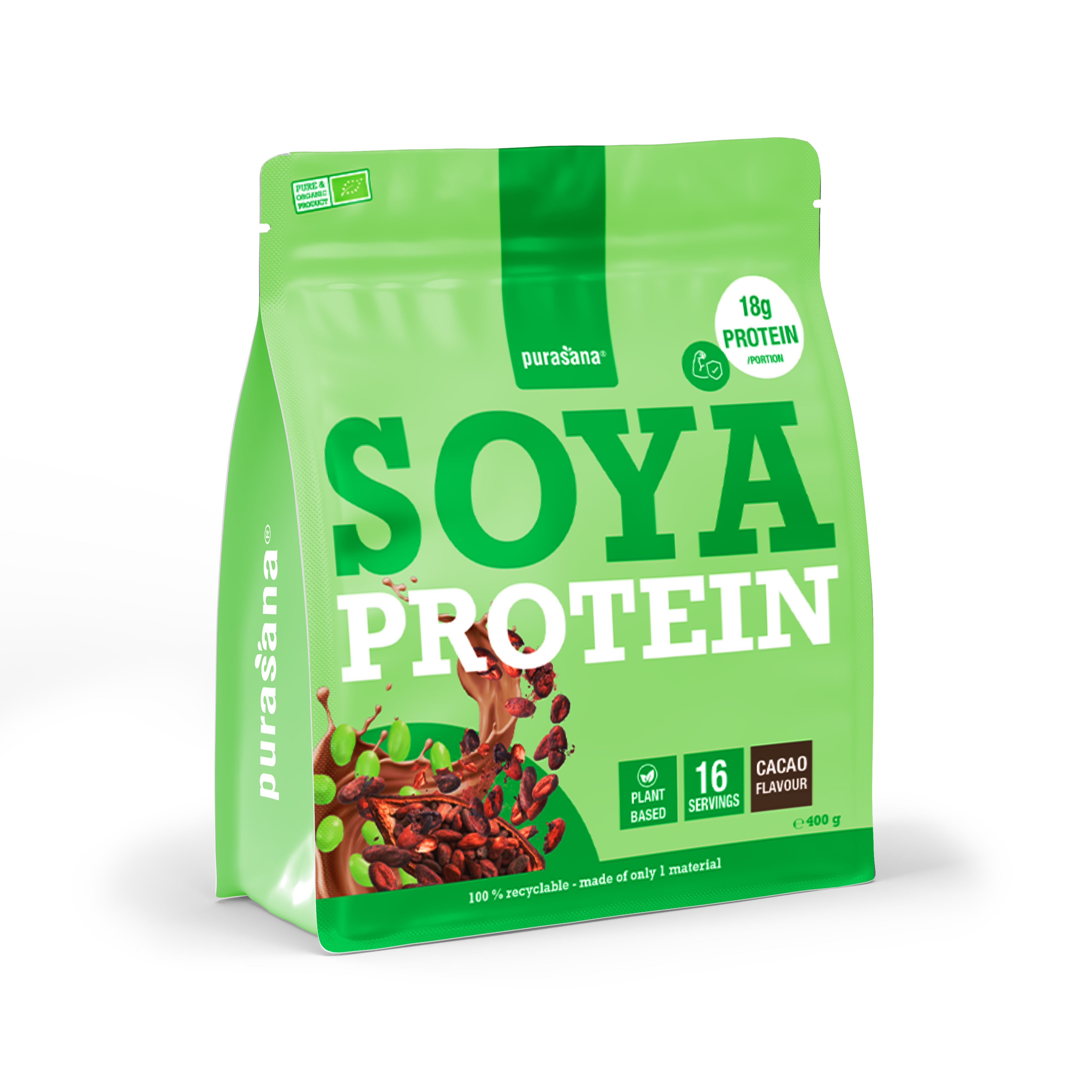Purasana Soja Protein saveur Cacao en emballage vert. 18g de protéine par portion.