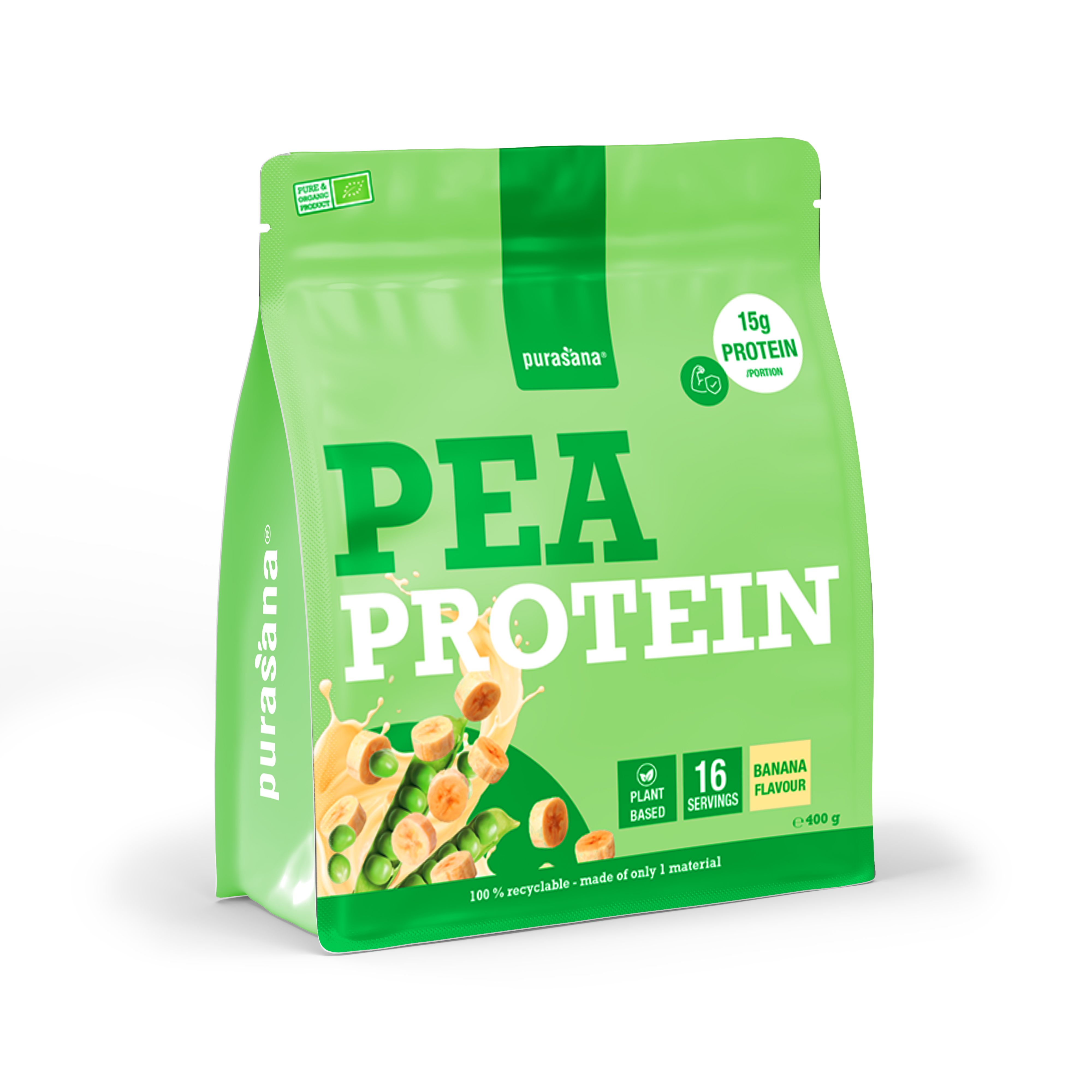 Sachet Purasana Protéine de Pois Banane avec illustration pois-banane et informations produit.