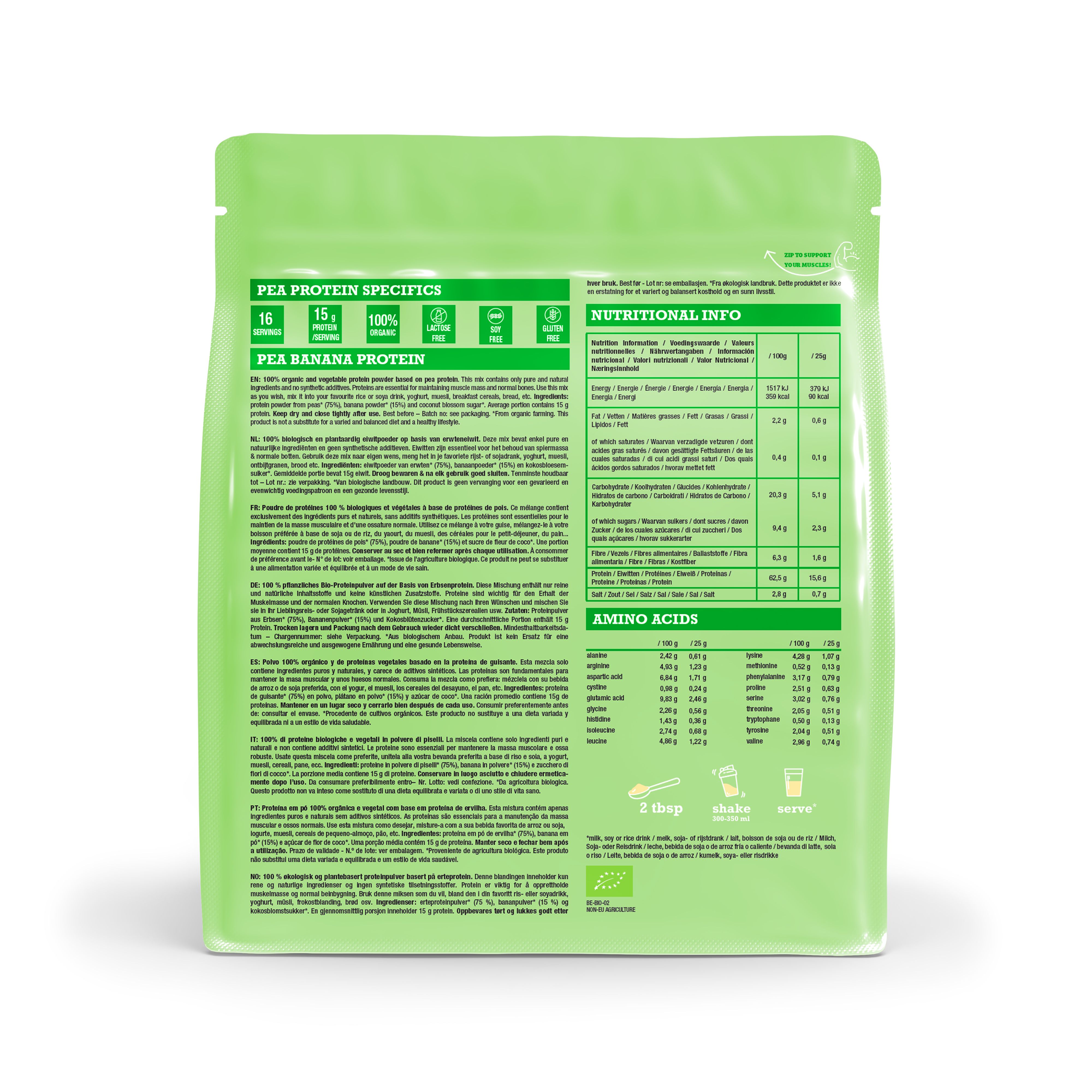 Dos du sachet Purasana Protéine de Pois Banane avec informations nutritionnelles et sceaux.