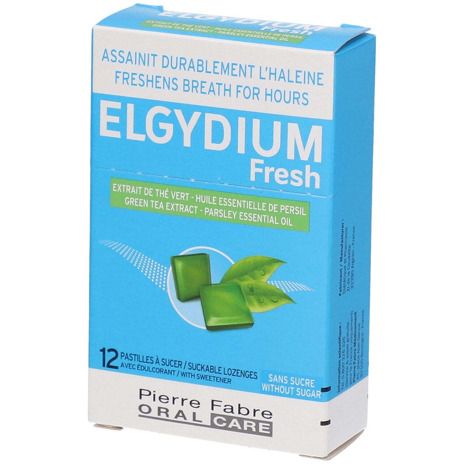 Boîte bleue et blanche avec pastilles vertes et feuilles. Inscription: ELGYDIUM Fresh, 12 pastilles, Pierre Fabre Oral Care.