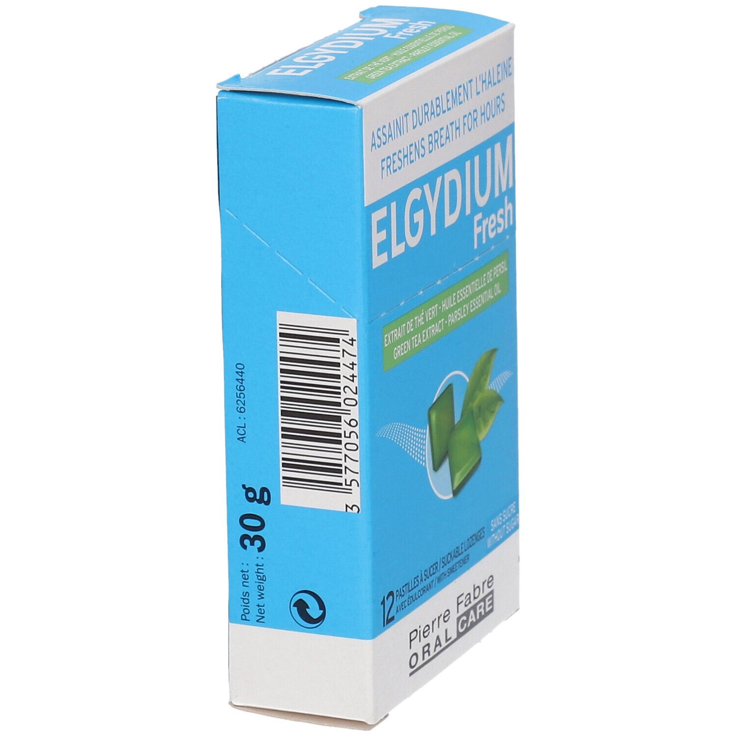 Boîte bleue avec logo ELGYDIUM Fresh. Code-barres et texte: 30 g, 12 pastilles. Pierre Fabre Oral Care.