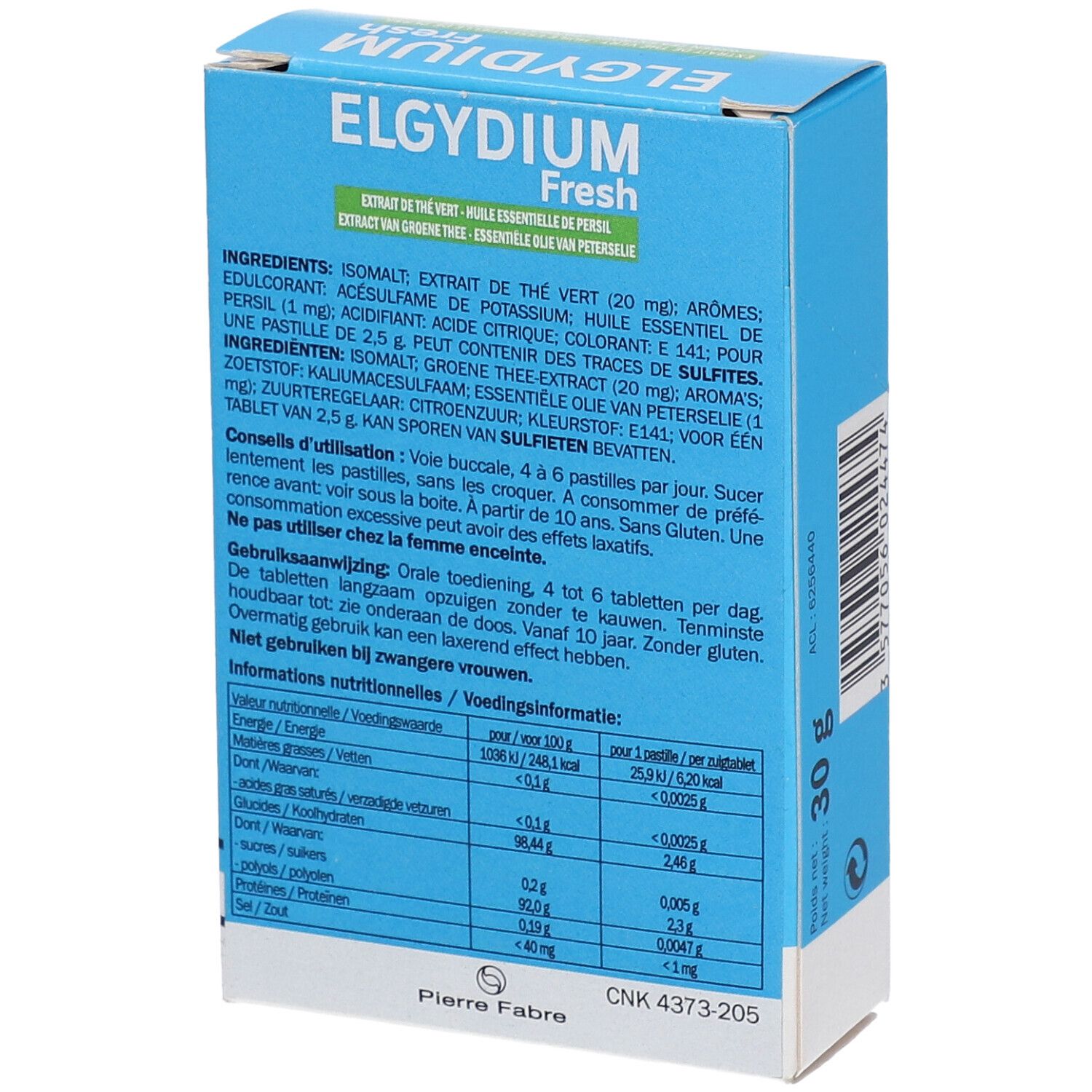 Dos de la boîte bleue avec ingrédients et informations nutritionnelles. Texte: ELGYDIUM Fresh, Pierre Fabre.